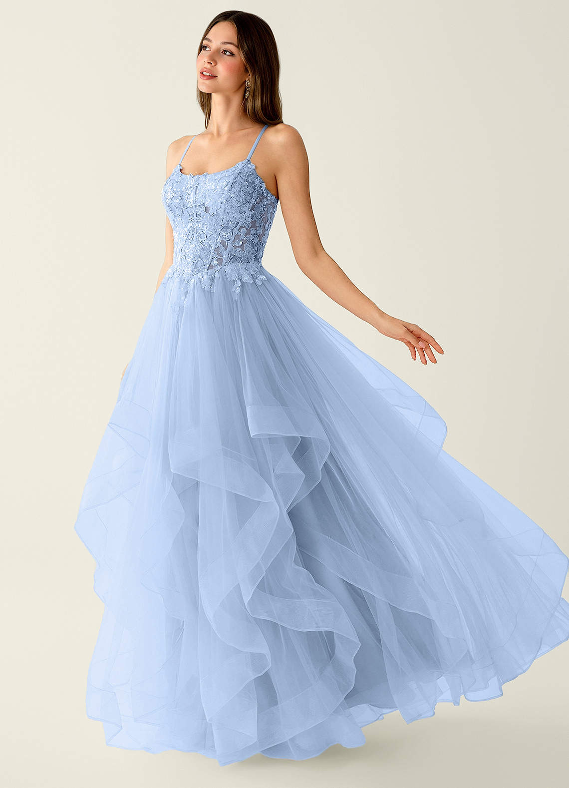 Mosaic A-Line V-Neck Tulle Evening Dress in Blue