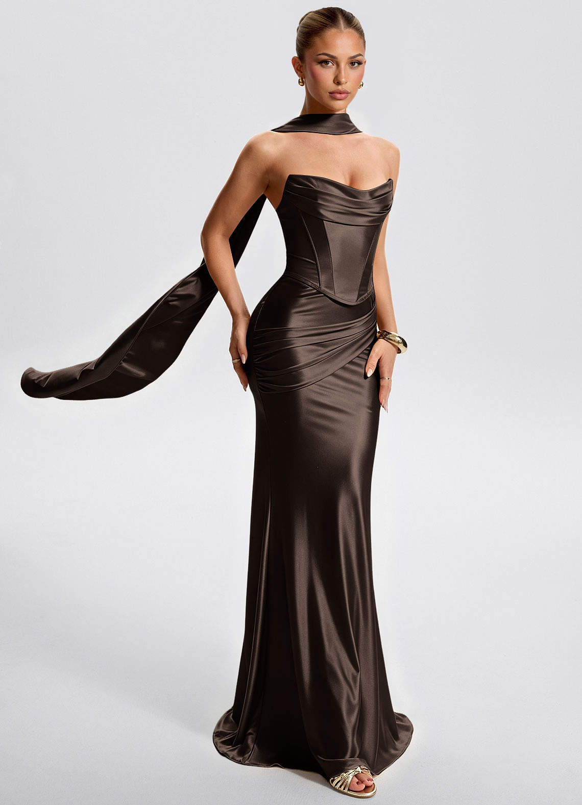 Fernley Mermaid Corset Stretch Satin Evening Dress in Ganache