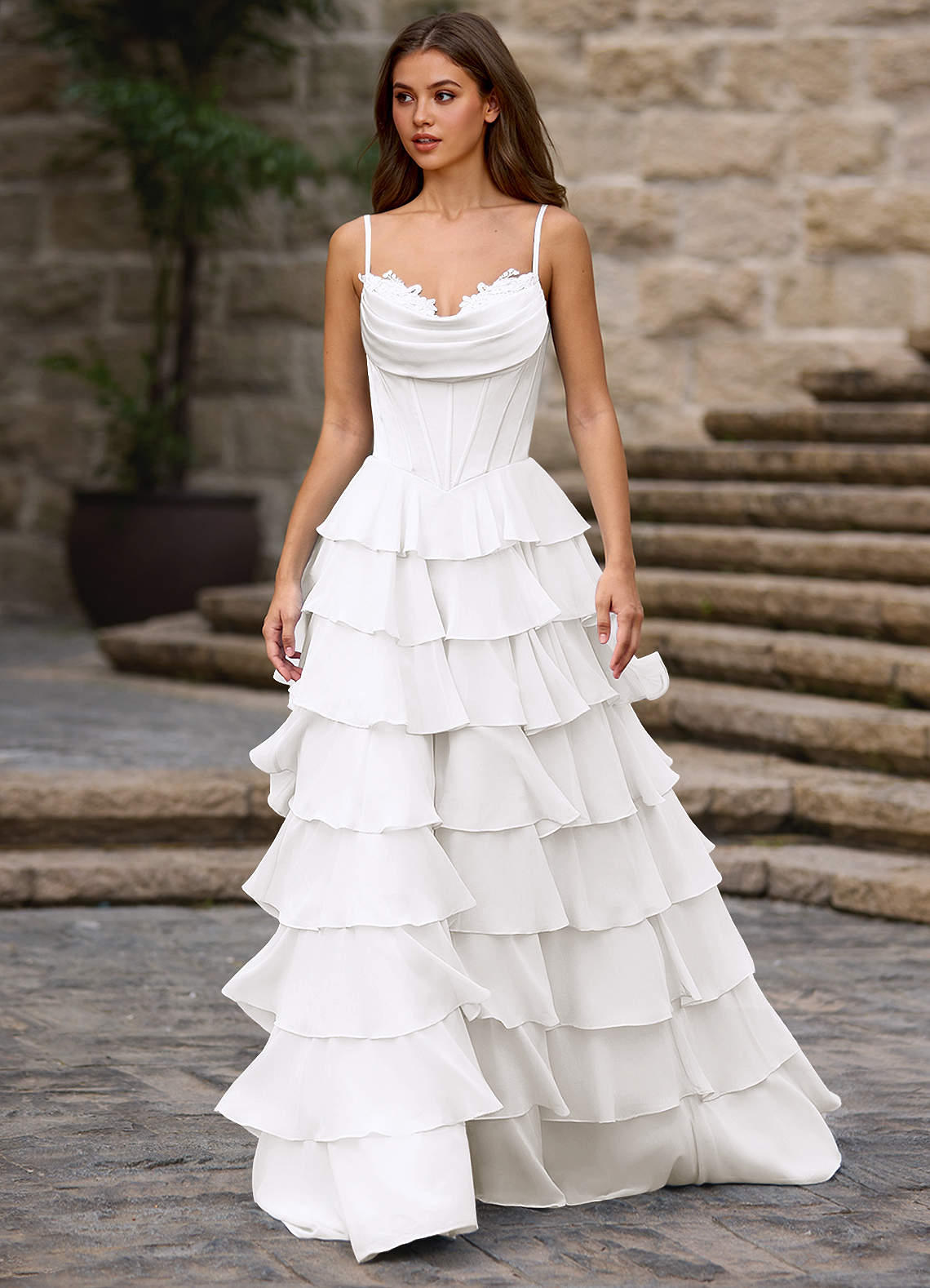 Floralace A-Line Ruffle Chiffon Evening Dress in White