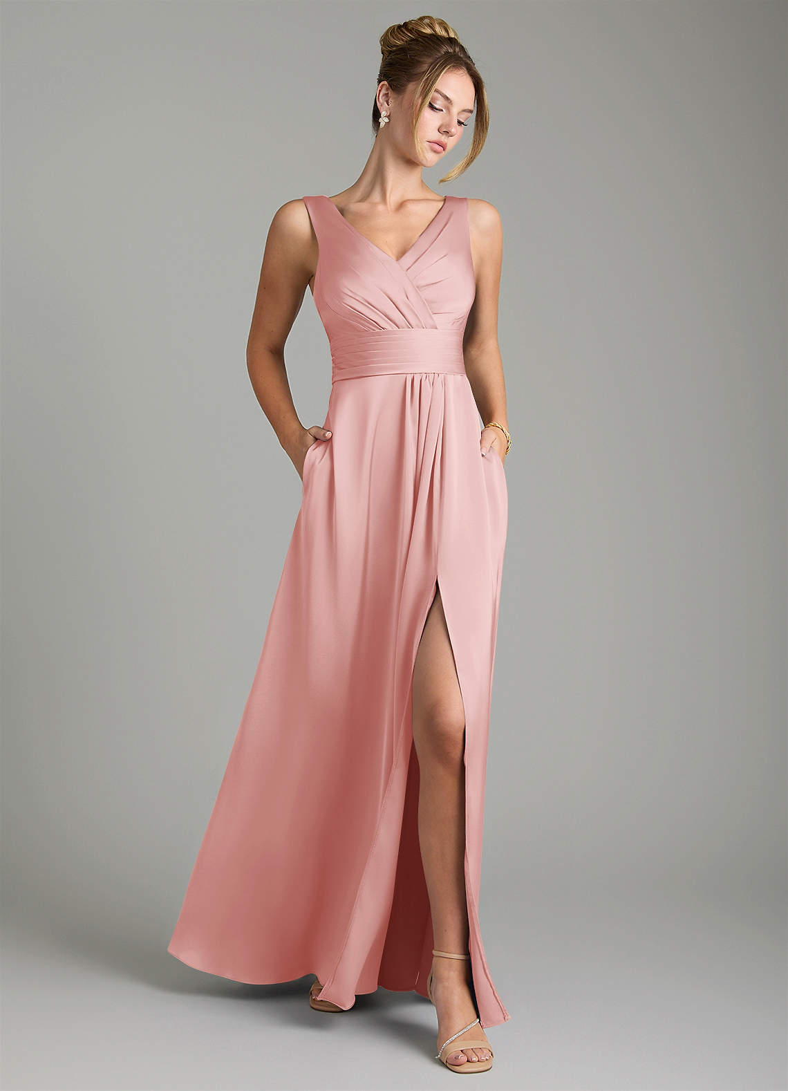 Karina A-Line V-Neck Stretch Satin Bridesmaid Dress in Powder Pink