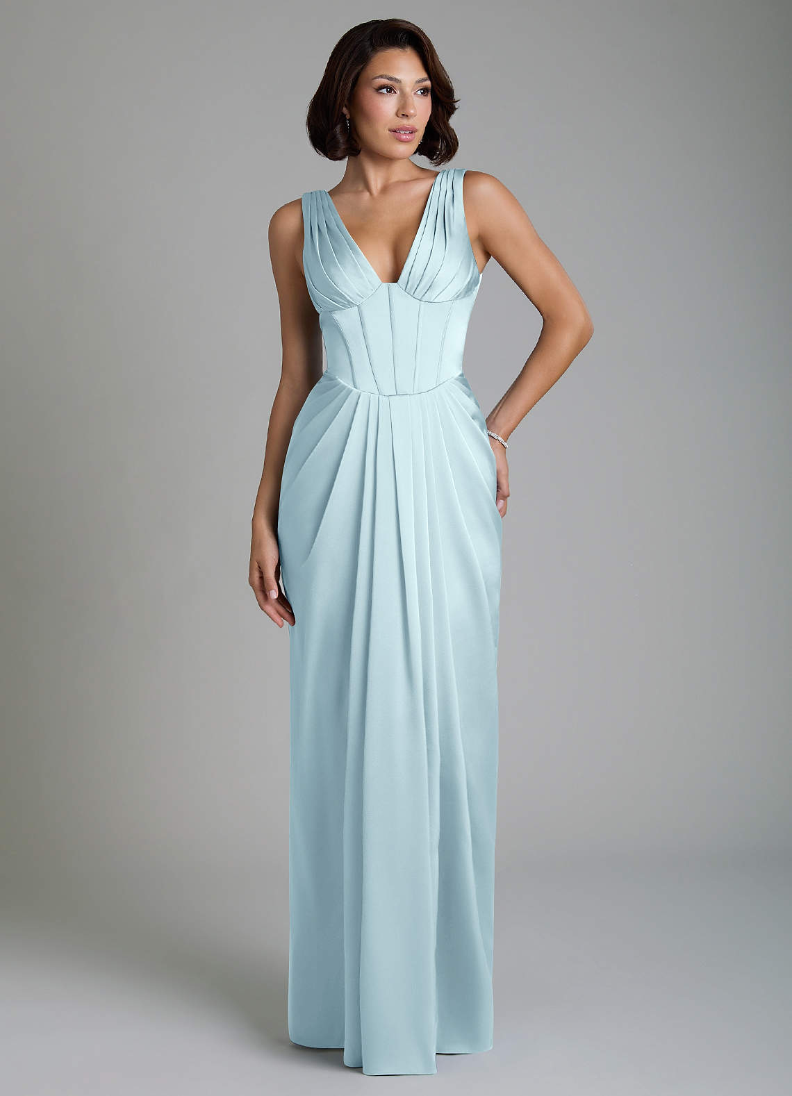 Vanya Sheath V-Neck Stretch Satin Bridesmaid Dress in Cloud Blue