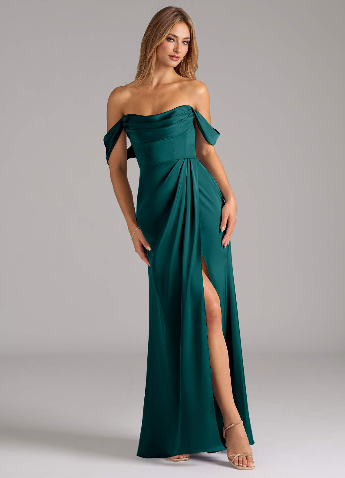 Johana Mermaid Off-the-Shoulder Stretch Satin Bridesmaid Dress in Peacock