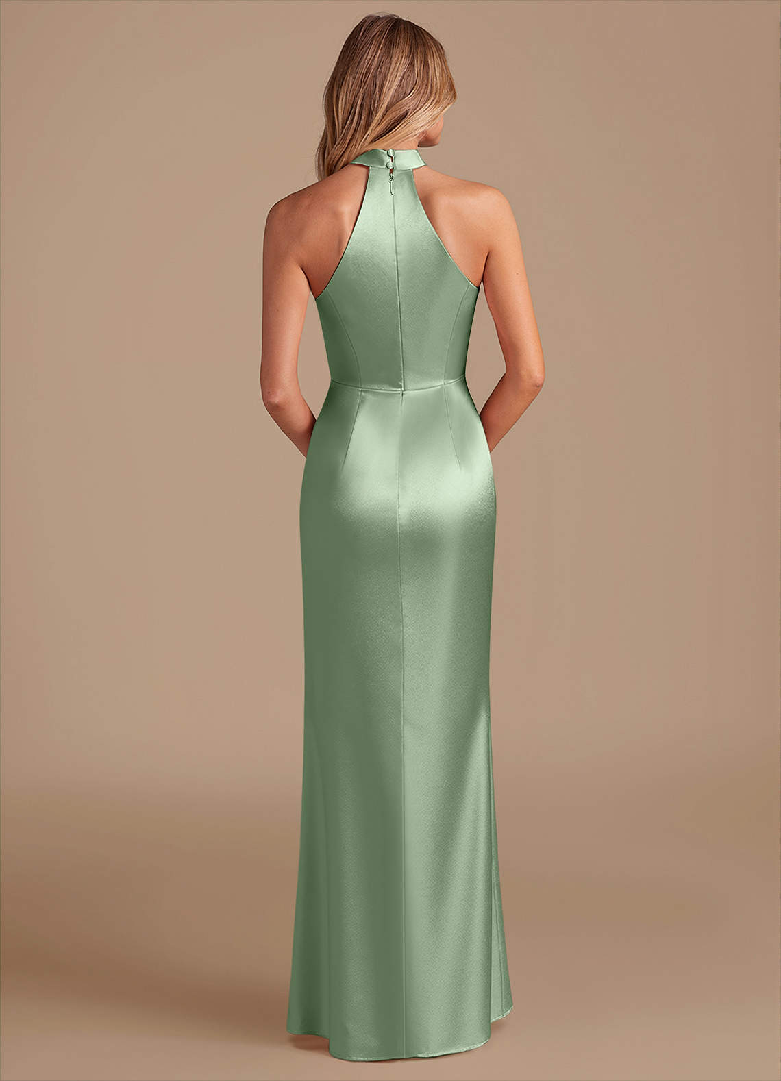 Karlotta Sheath Halter-Neck Metallic Satin Bridesmaid Dress in Matcha
