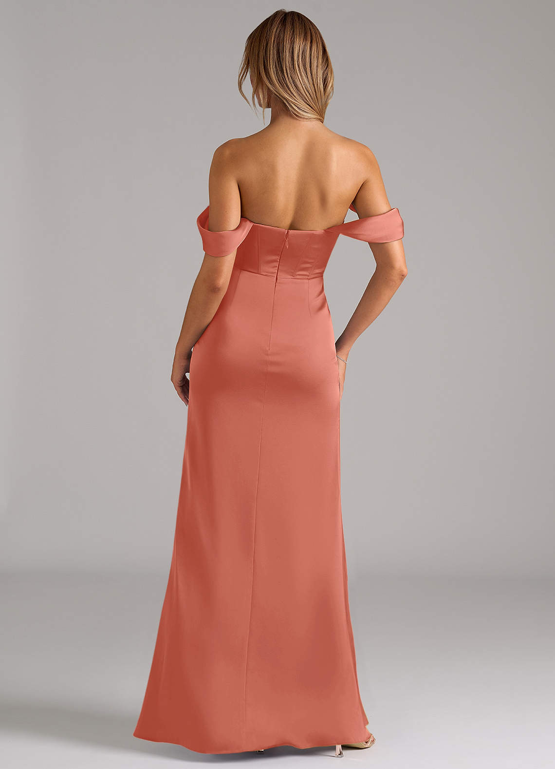 Johana Mermaid Off-the-Shoulder Stretch Satin Bridesmaid Dress in Salmon Pink