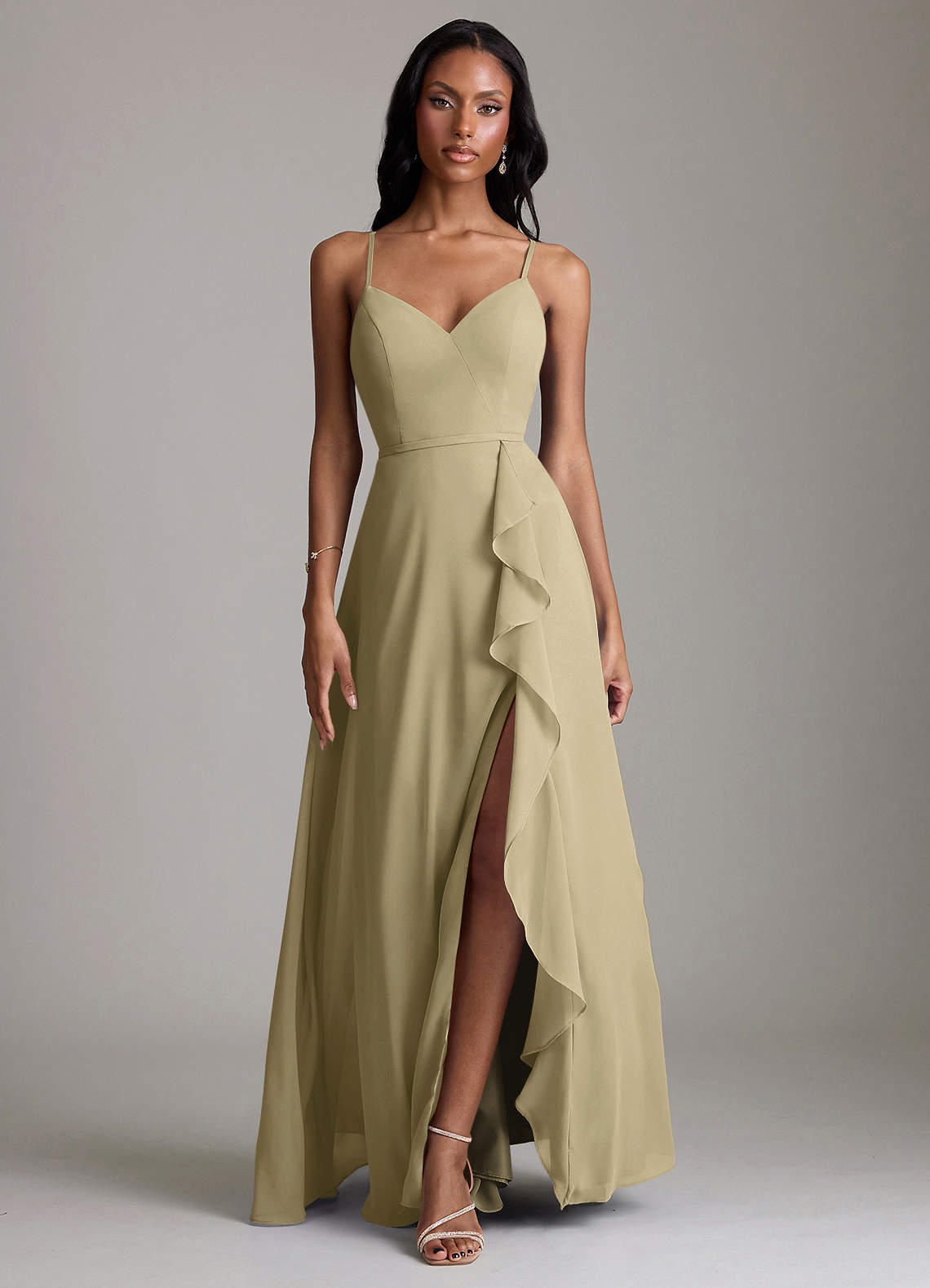 Naeem A-Line V-Neck Chiffon Bridesmaid Dress in Moss Green