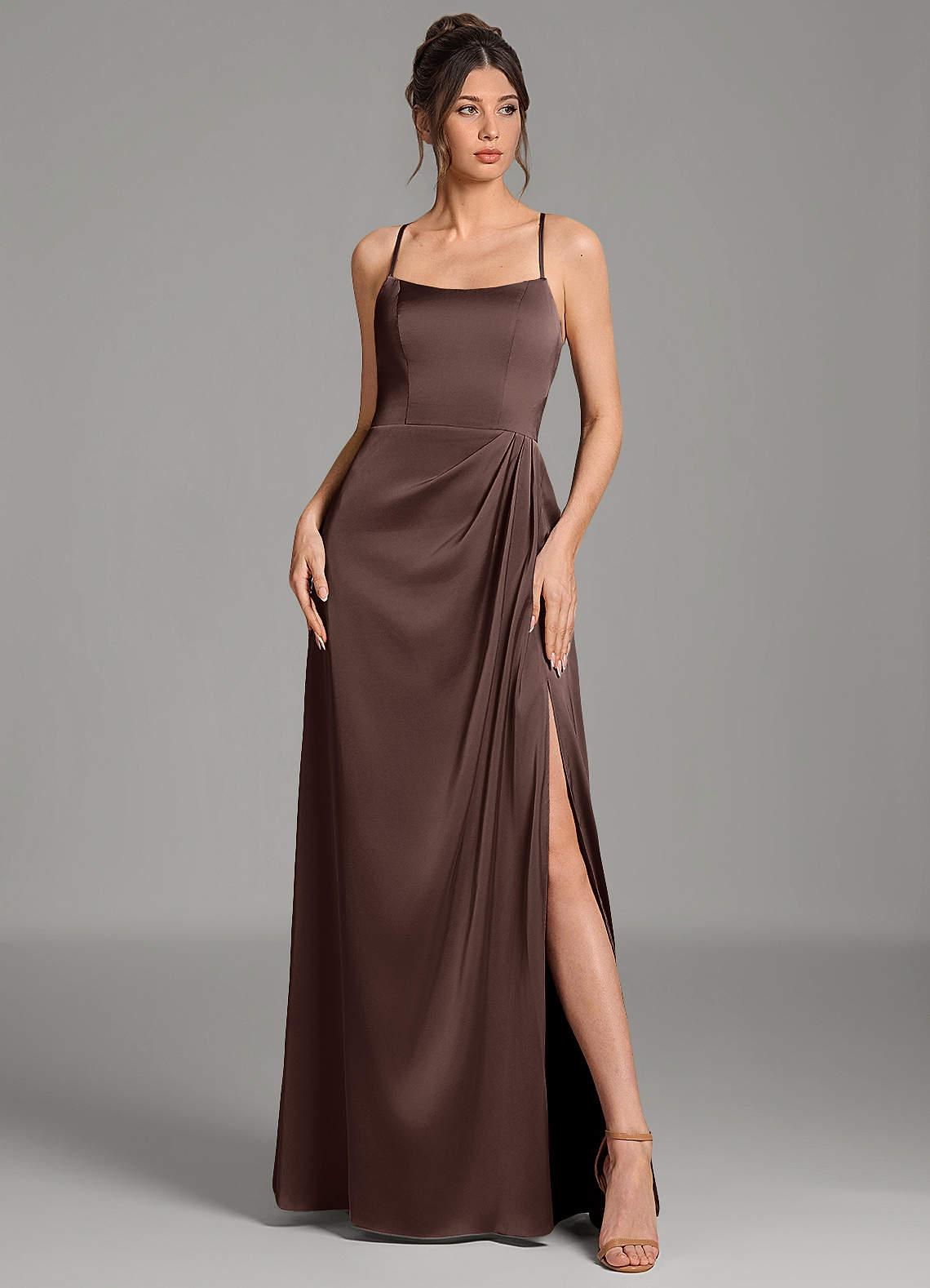 Frankie A-Line Scoop-Neck Stretch Satin Bridesmaid Dress in Ganache