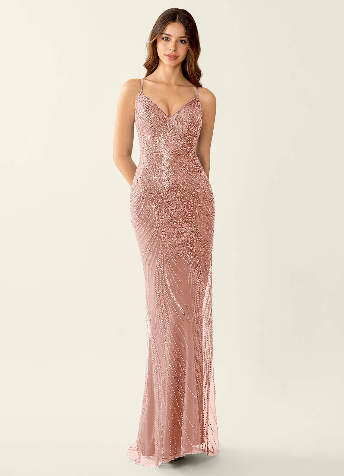 Magnolia Mermaid Beaded Sequined Stretch Mesh Evening Dress in Dusty Pink