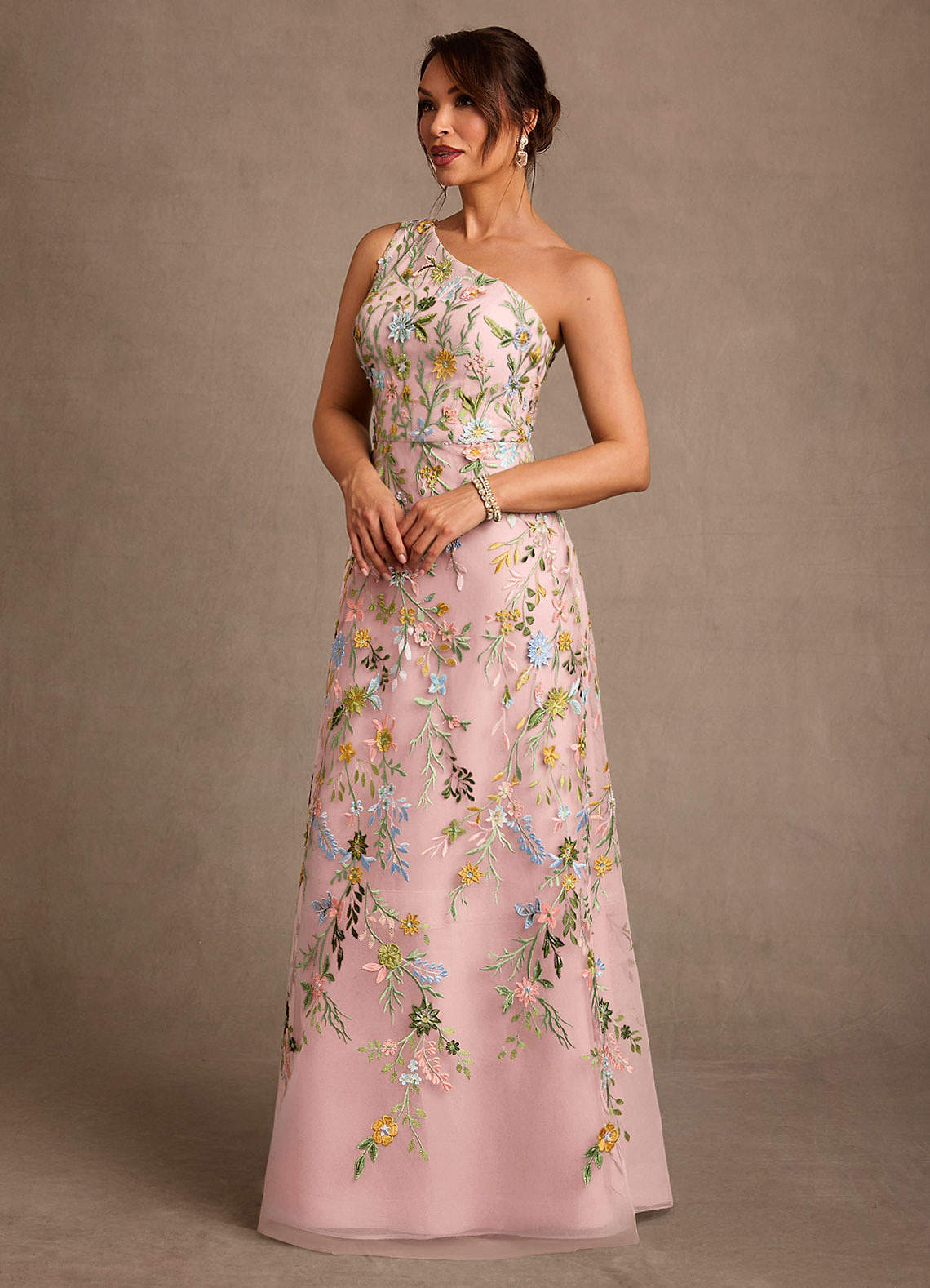 Bertie A-Line One-Shoulder Lace Mother of the Bride Dress in Powder Pink