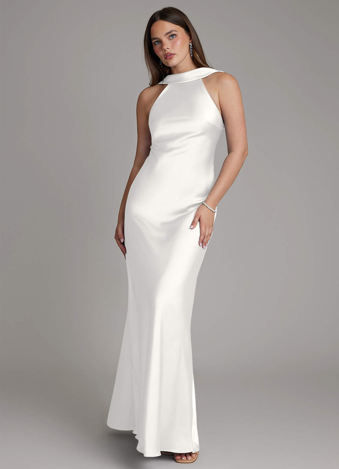 Dimitra Sheath Halter Stretch Satin Bridesmaid Dress in white
