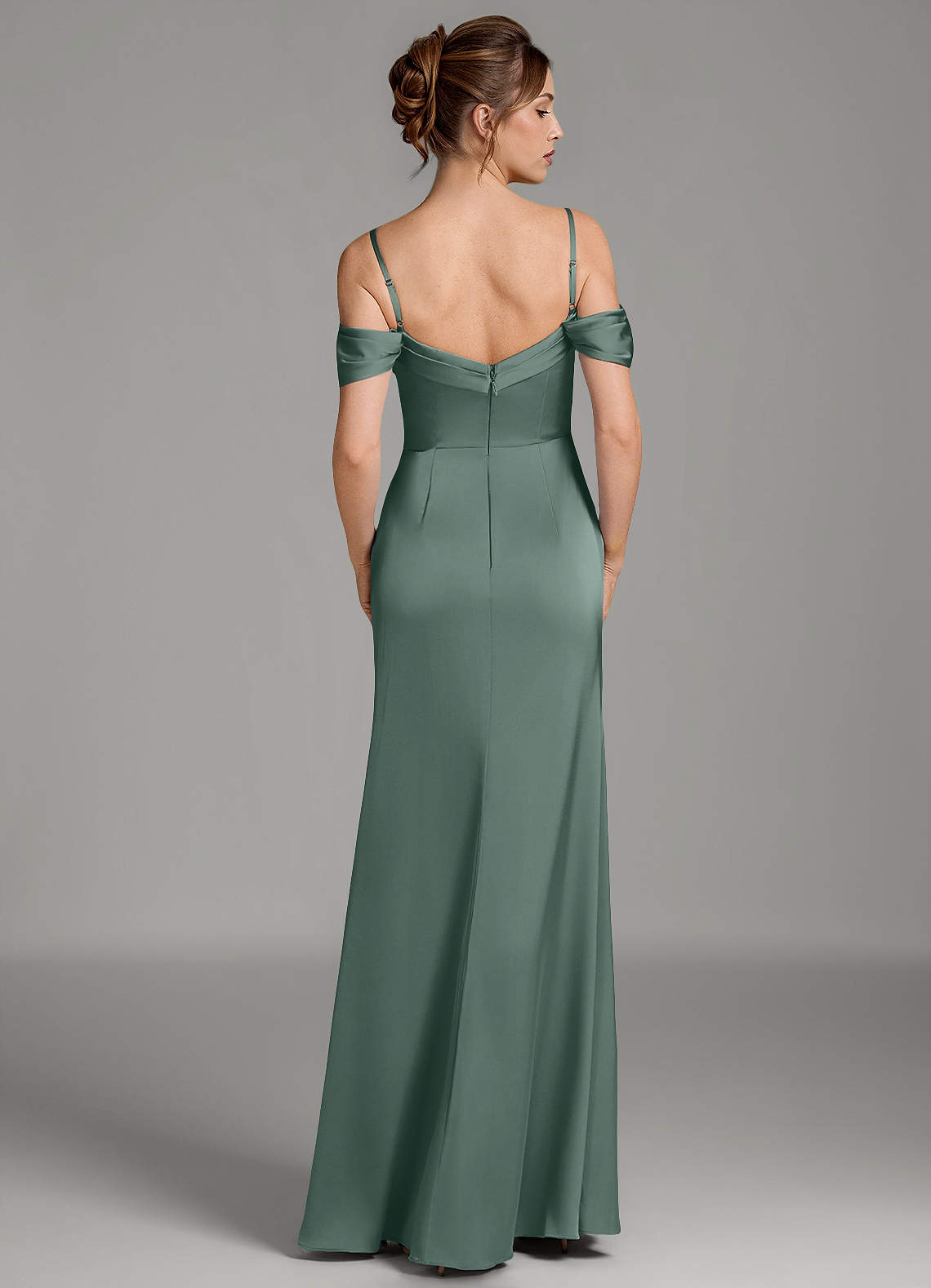 Wyatt Mermaid Off-the-Shoulder Stretch Satin Bridesmaid Dress in Sea Moss