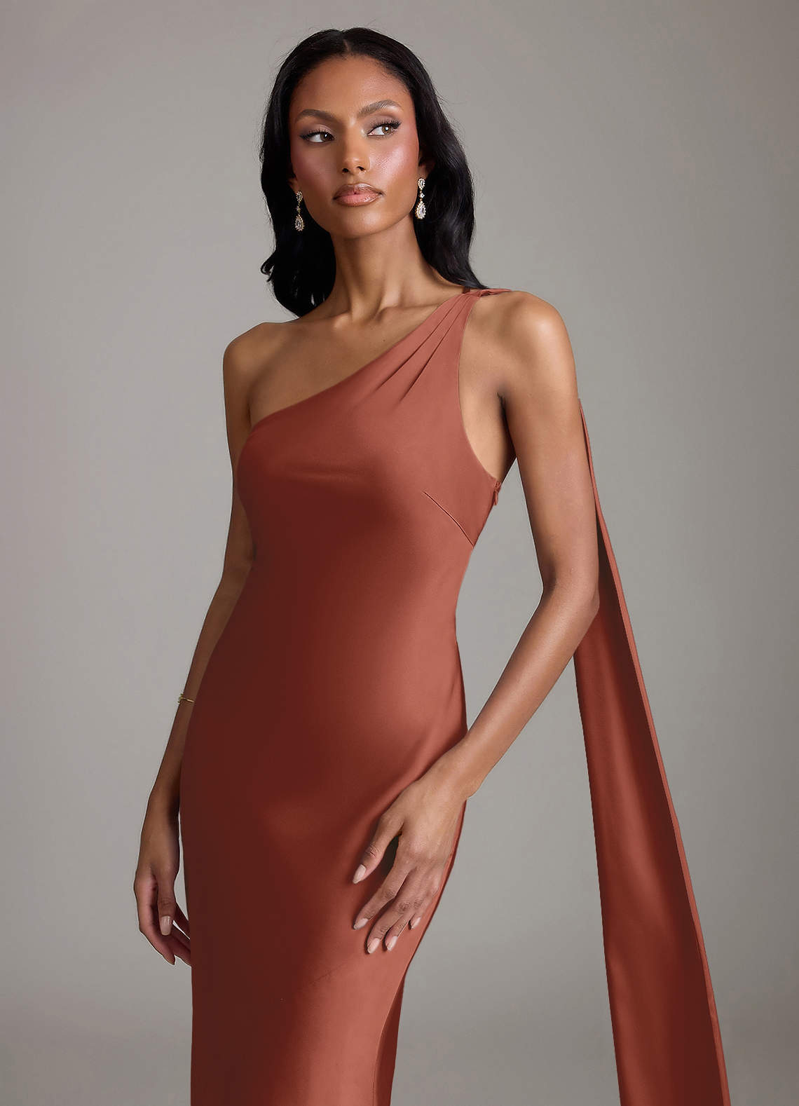 Juniper Mermaid One-Shoulder Stretch Satin Bridesmaid Dress in Auburn