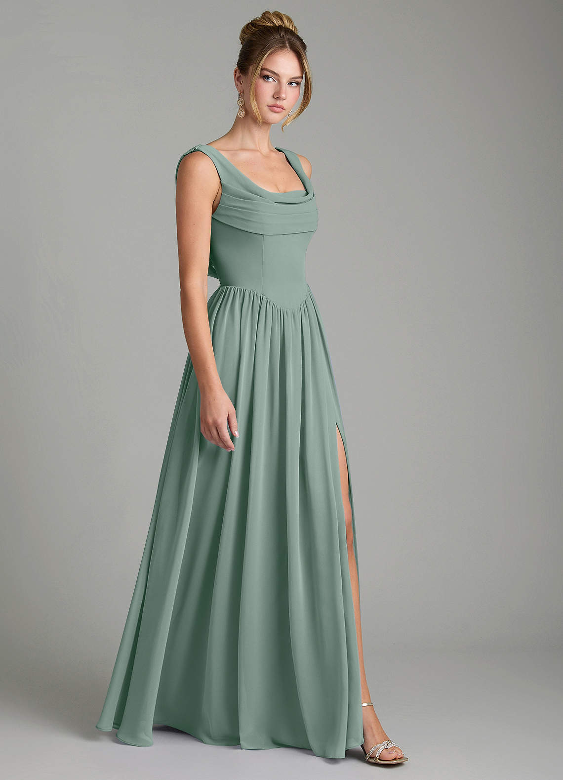 Novi A-Line Square-Neck Chiffon Bridesmaid Dress in Silver Sage