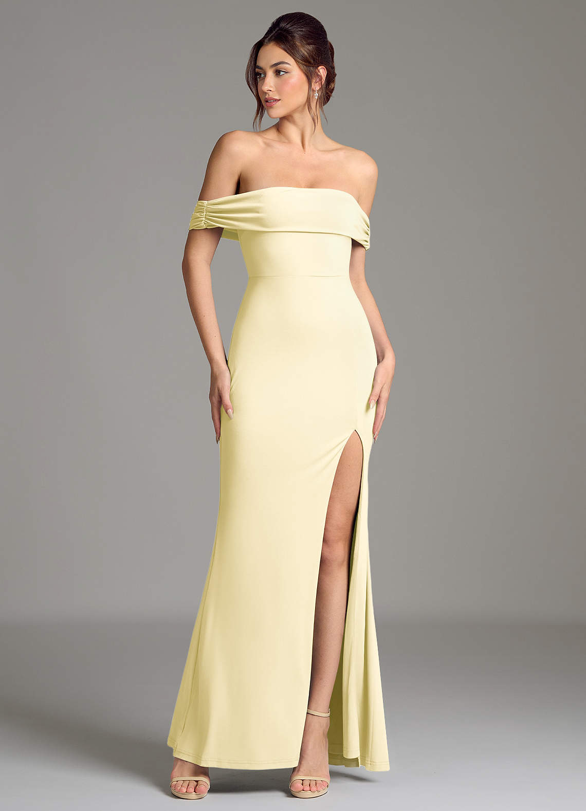 Evangelia Mermaid Off-the-Shoulder Stretch Jersey Bridesmaid Dress in Lemon Sorbet