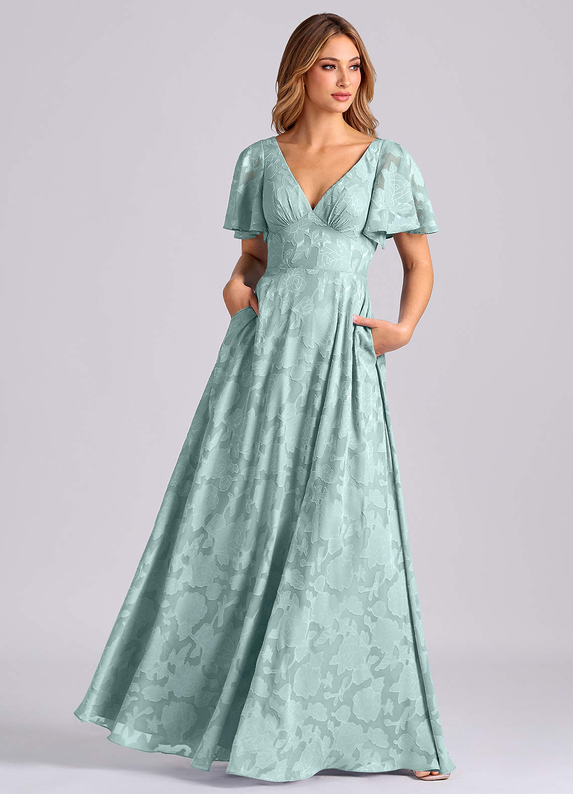 Kimber A-Line V-Neck Floral Burnout Bridesmaid Dress