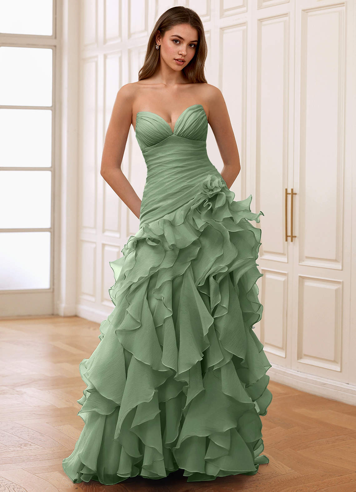 Christabelle Mermaid Sweetheart Chiffon Evening Dress in Sage