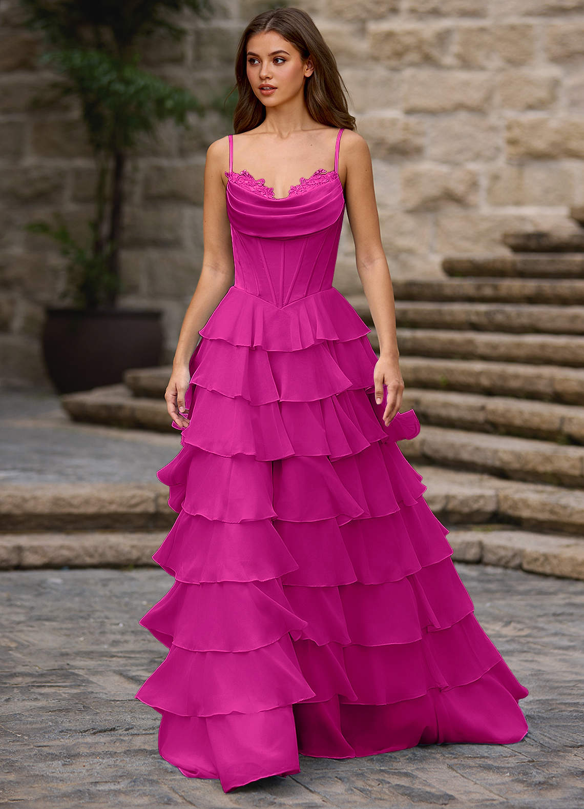 Floralace A-Line Ruffle Chiffon Evening Dress in Hot Pink