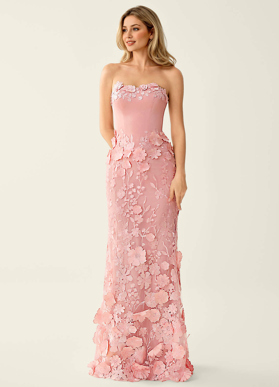 Wrensincia Mermaid Strapless Crystal Linen Satin Evening Dress in Pink