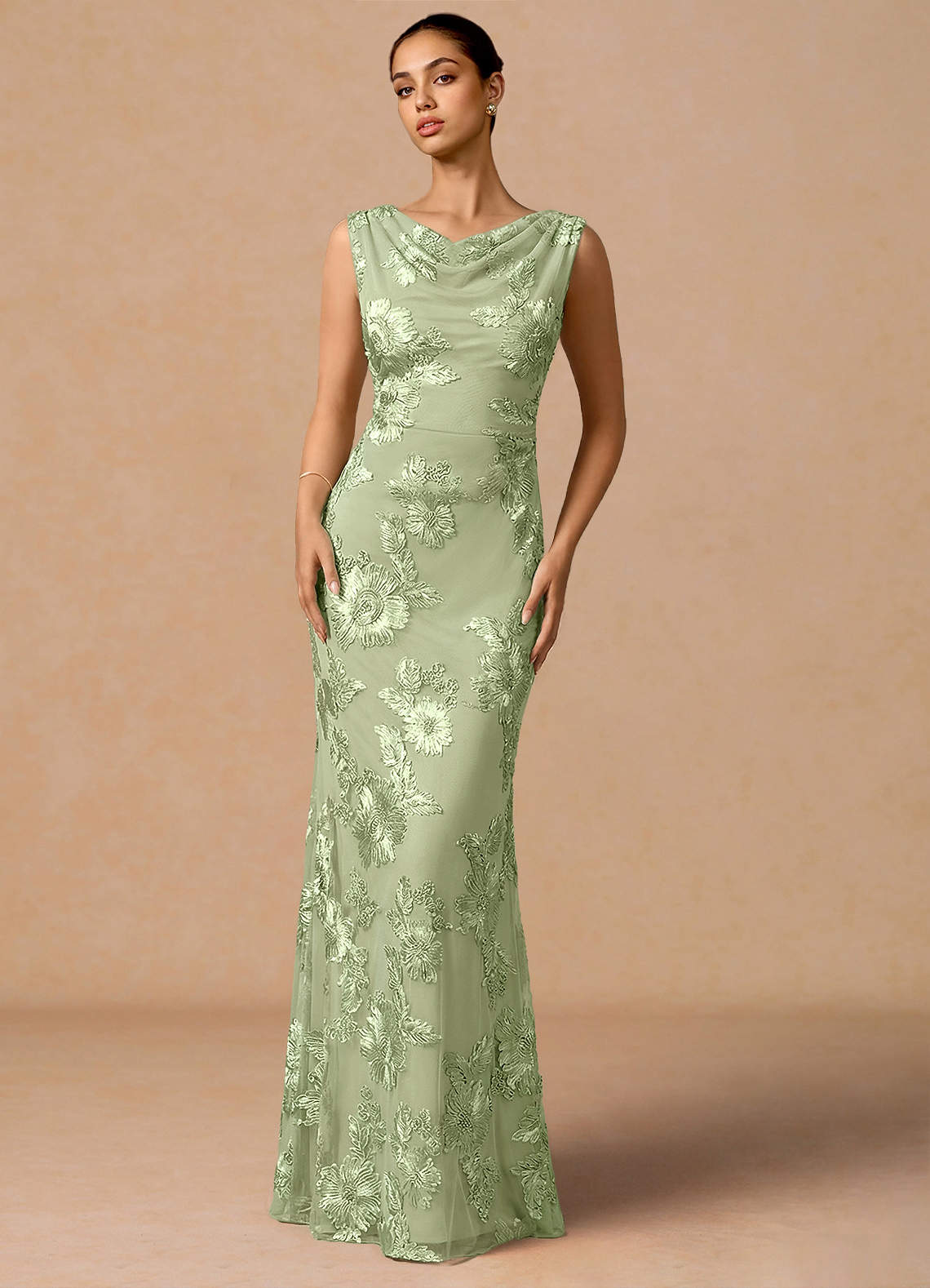 Elowis Column Open-Back Floral Mesh Evening Dress in Forest Green