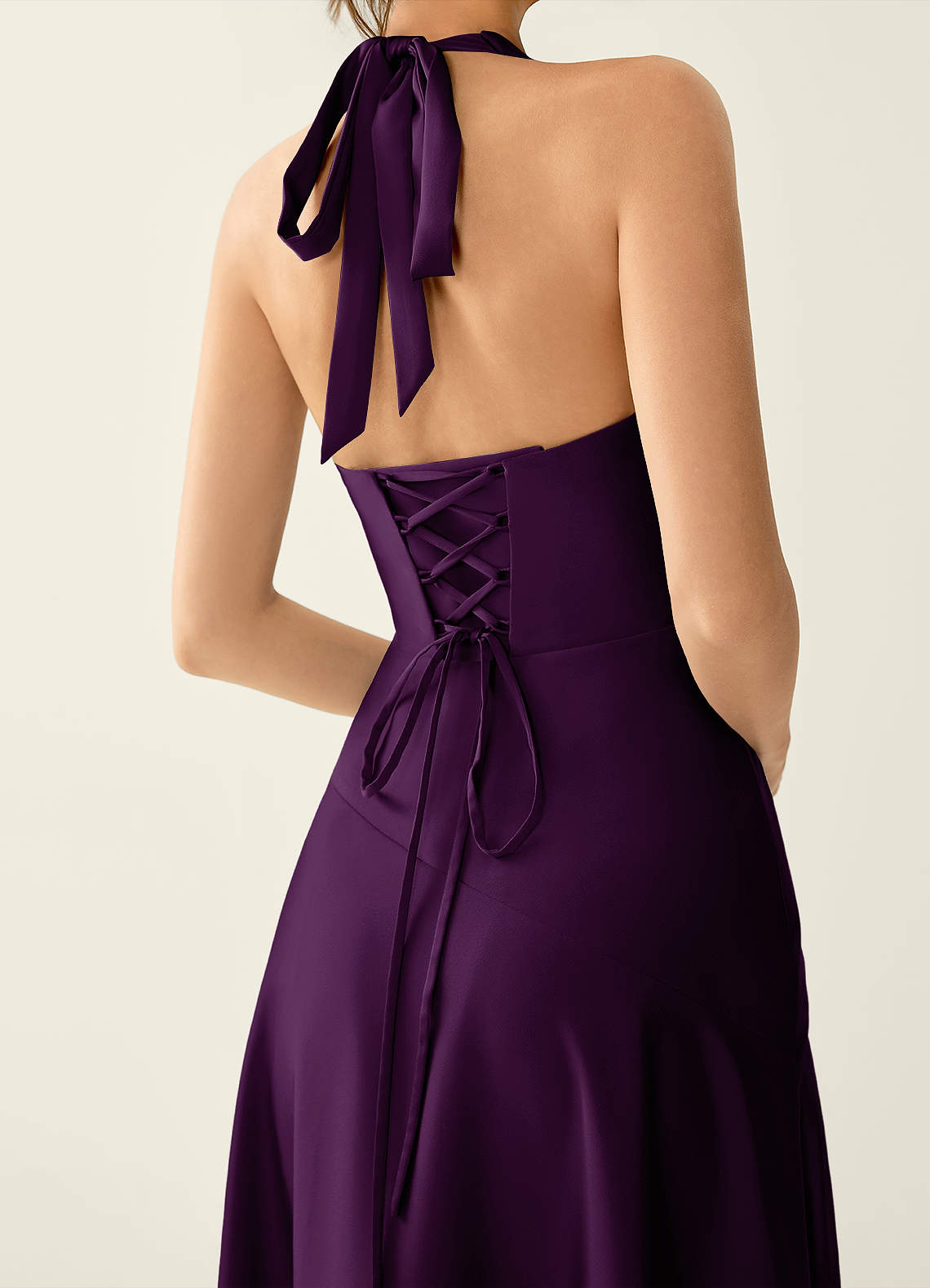 Titania Halter Asymmetric-Ruffle Satin Evening Dress in Grape