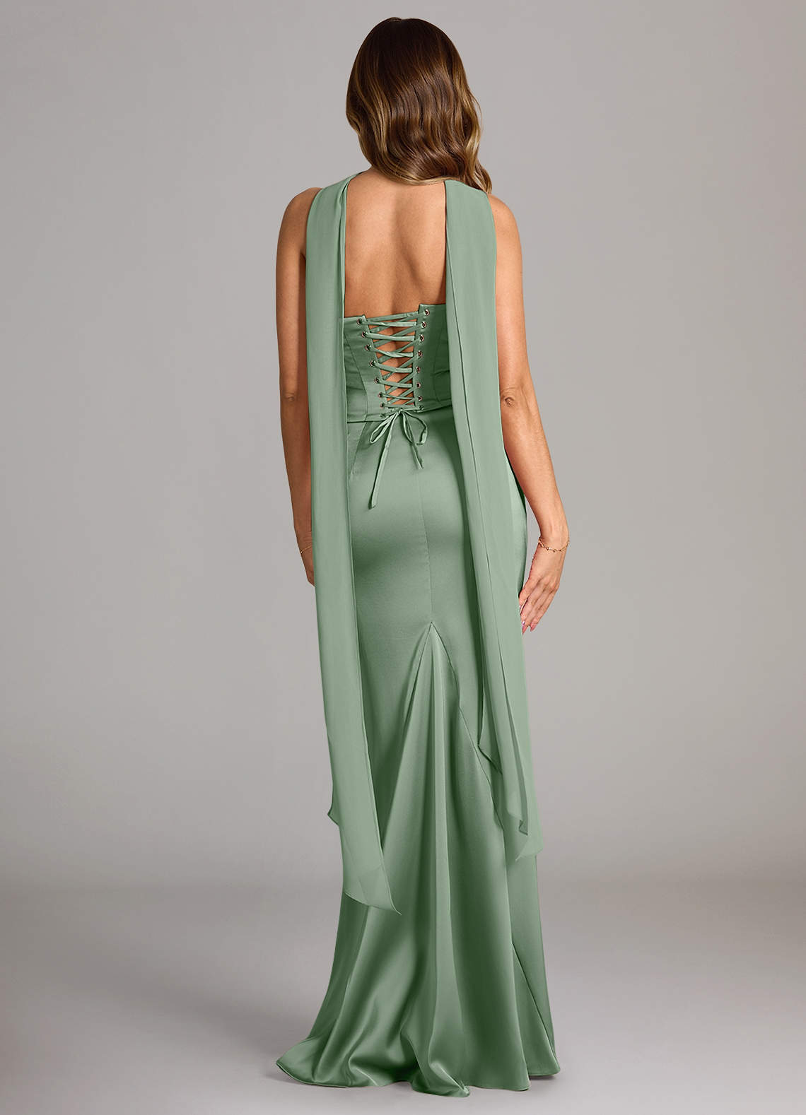 Sorrel Mermaid Cowl-Neck Stretch Satin and Chiffon Bridesmaid Dress in Matcha