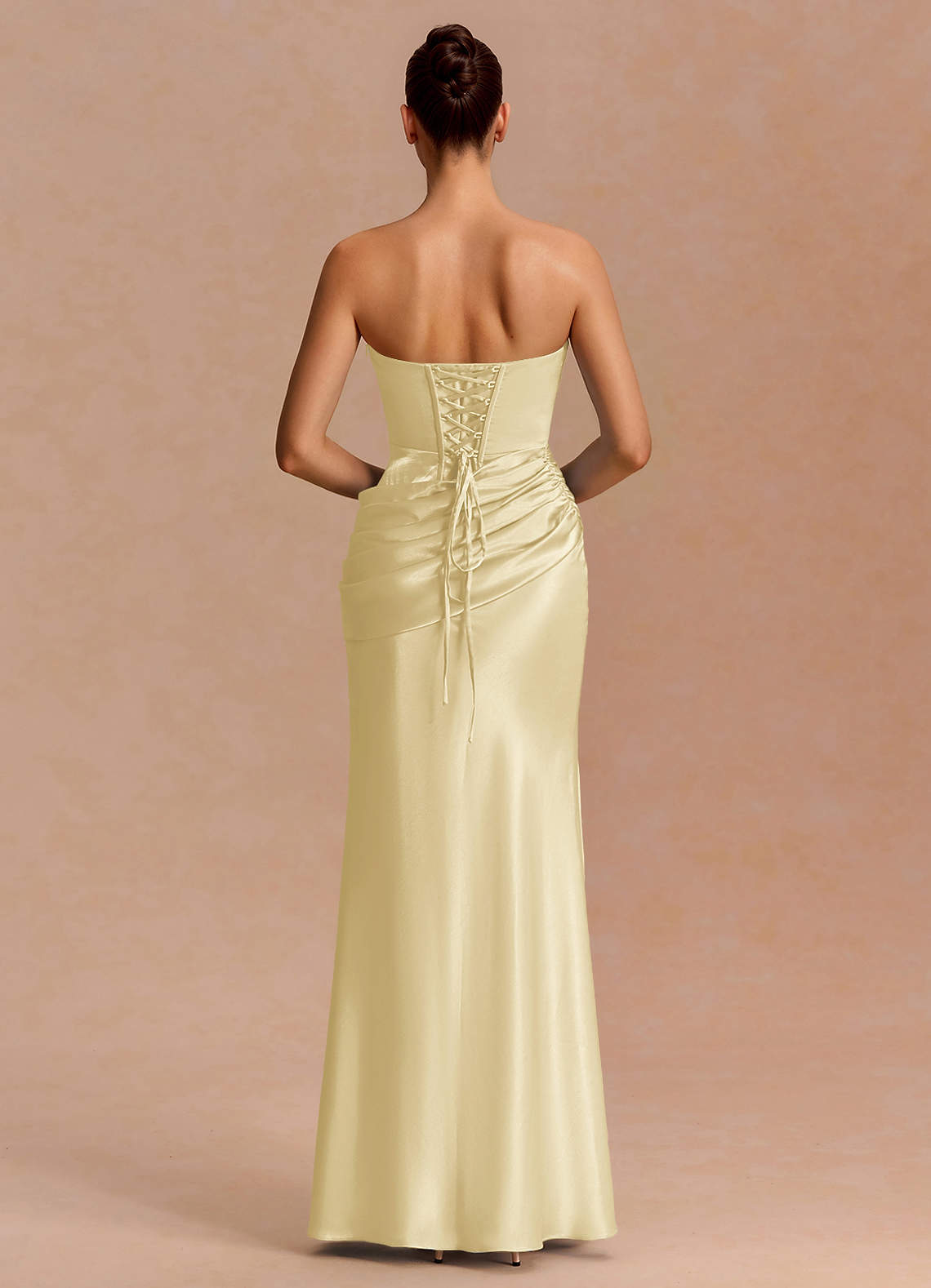 Leonie Strapless Draped-Shoulder Satin Evening Dress in Lemon Sorbet