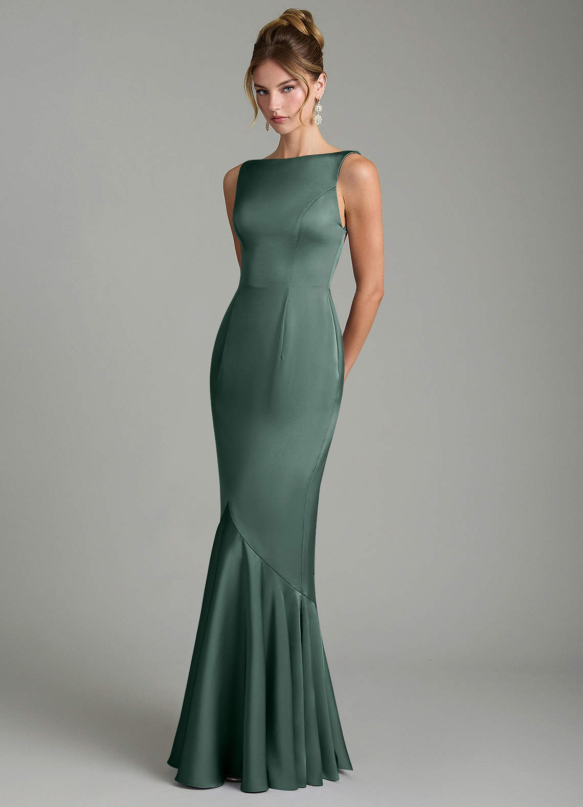Tamera Mermaid Boat-Neck Stretch Satin and Chiffon Bridesmaid Dress in Sea Moss