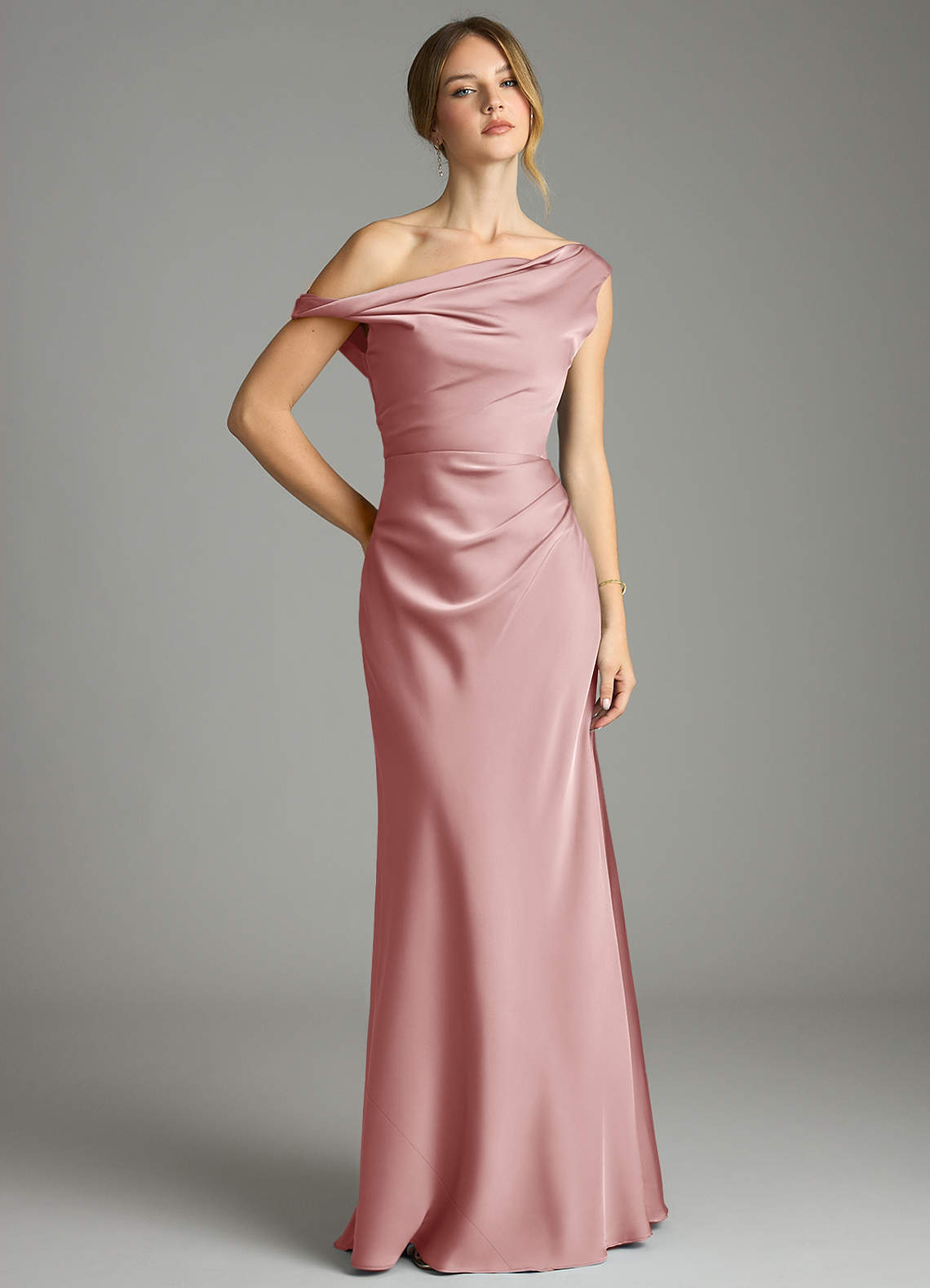 Emerson Mermaid One-Shoulder Stretch Satin Bridesmaid Dress in dusty rose