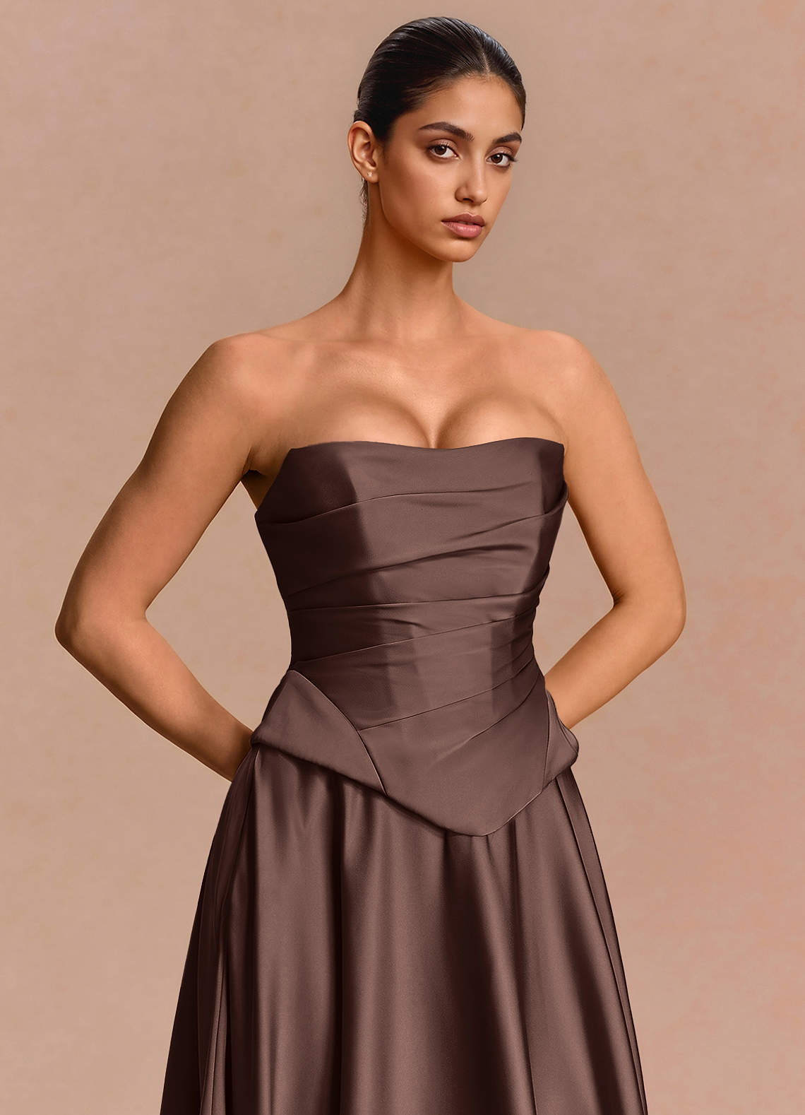 Eponine A-Line Pleated Stretch Satin Evening Dress in Truffle