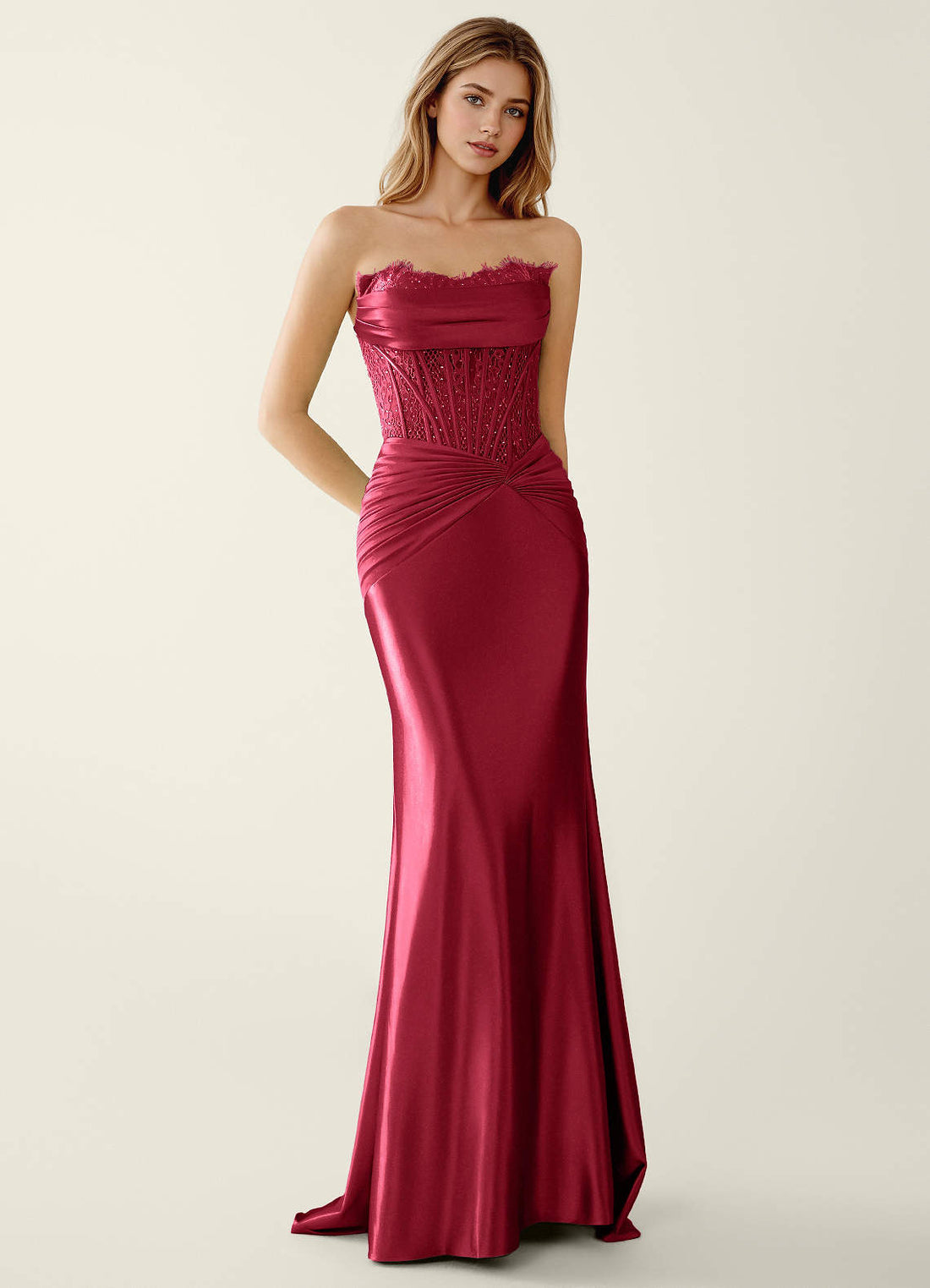 Sasha Mermaid Strapless Stretch Satin Evening Dress in Burgundy