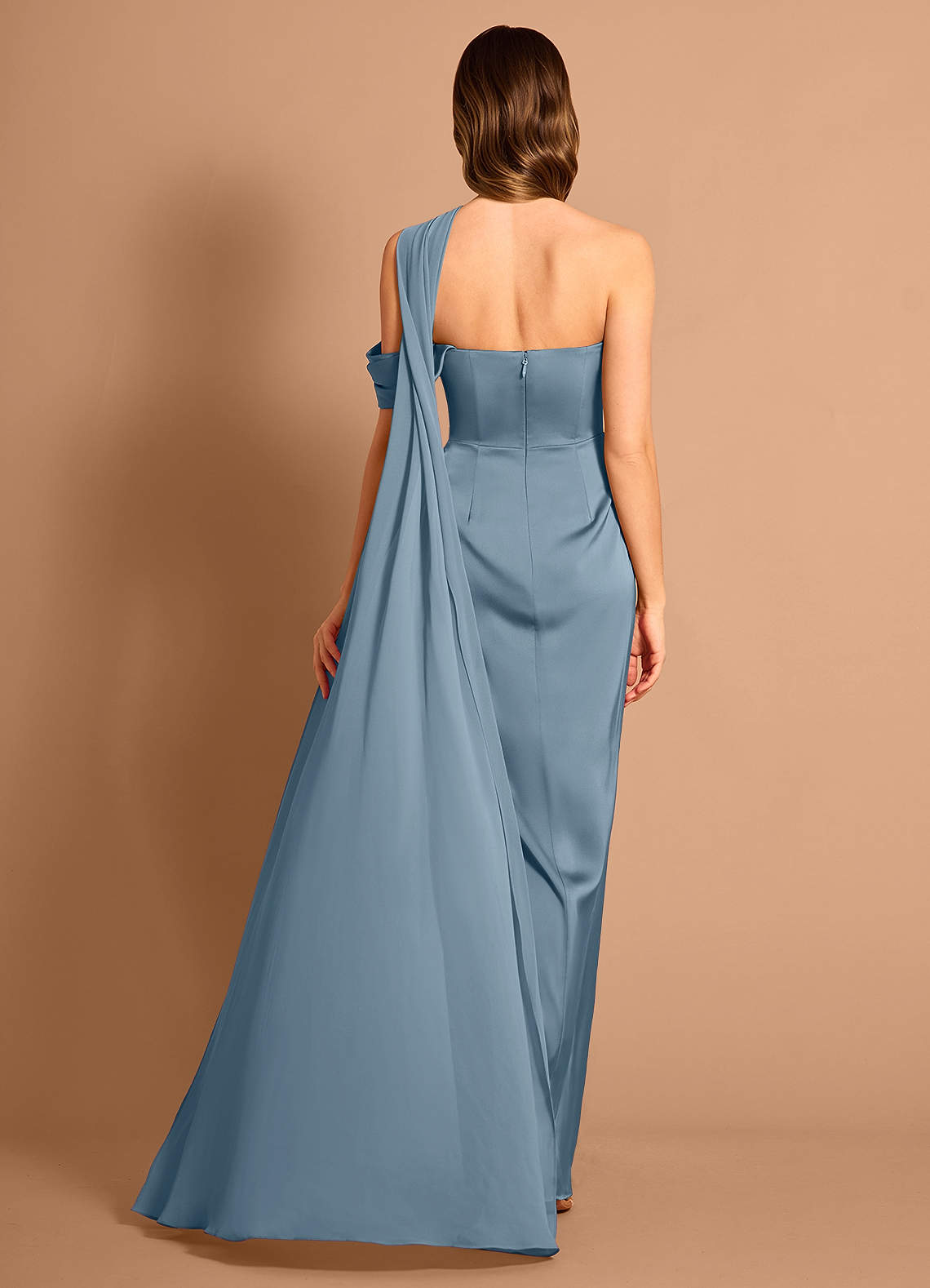 Meliora Asymmetric Strapless Chiffon-Drape Stretch Satin Evening Dress in Powder Blue