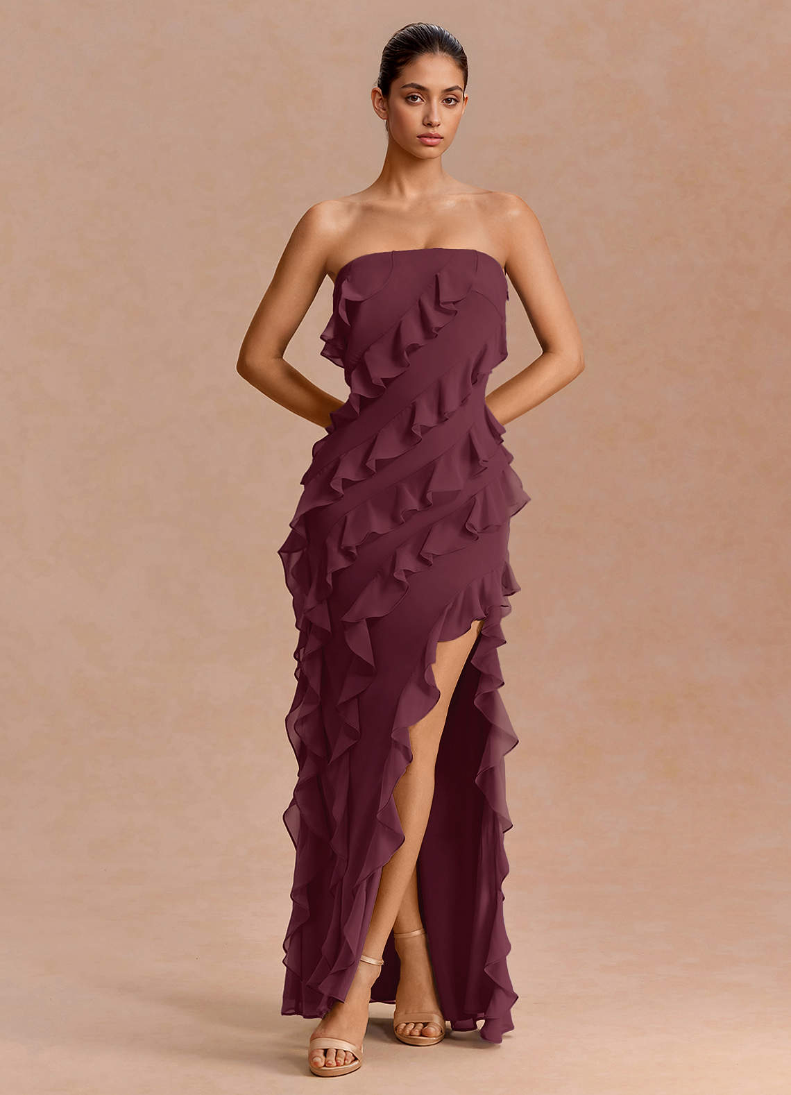Eira A-Line Ruffle Chiffon Evening Dress in Wine