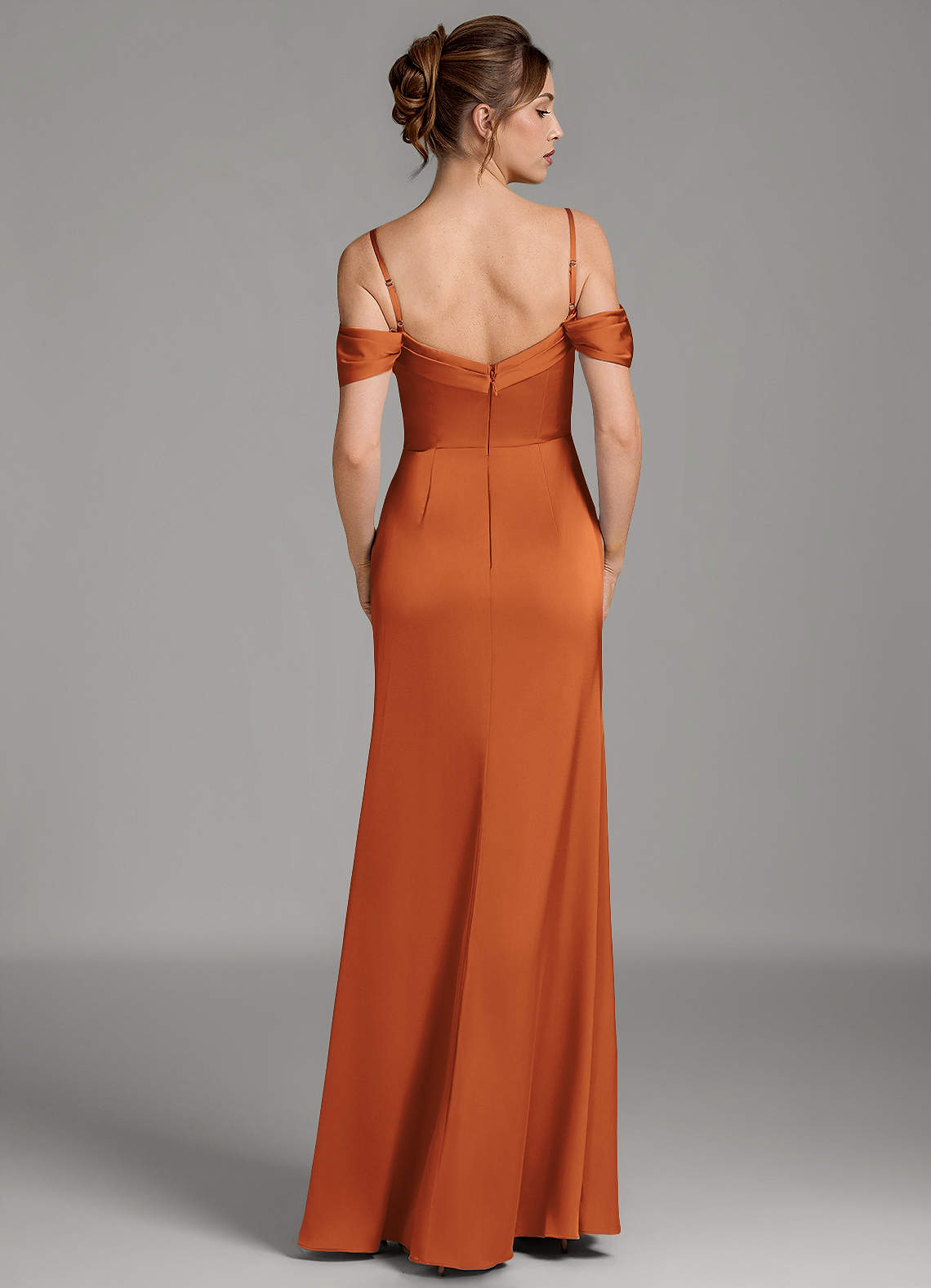 Wyatt Mermaid Off-the-Shoulder Stretch Satin Bridesmaid Dress in Cinnamon
