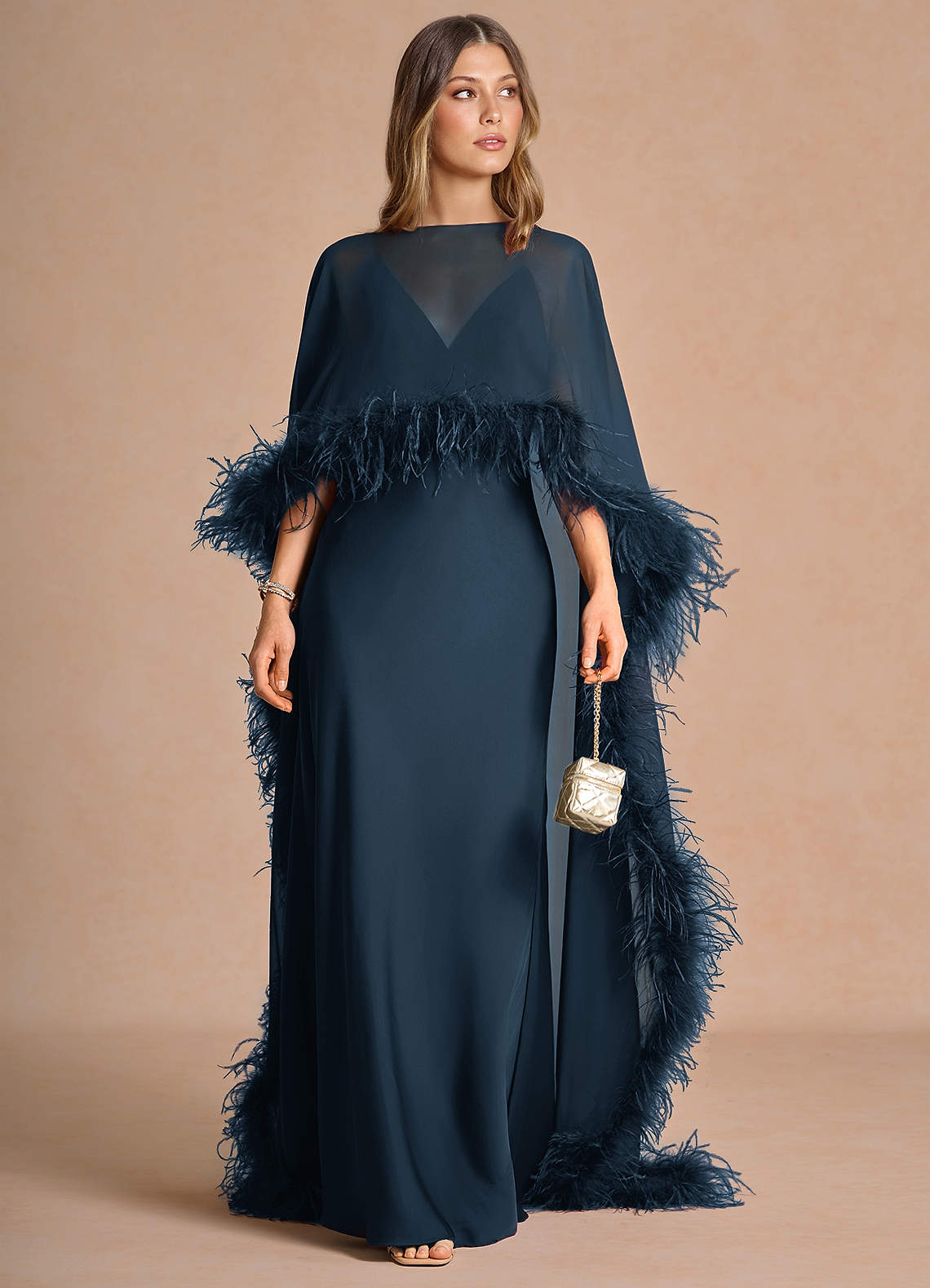 Samara Sheath Feather-Trim Satin Chiffon Wedding Guest Dress in Navy
