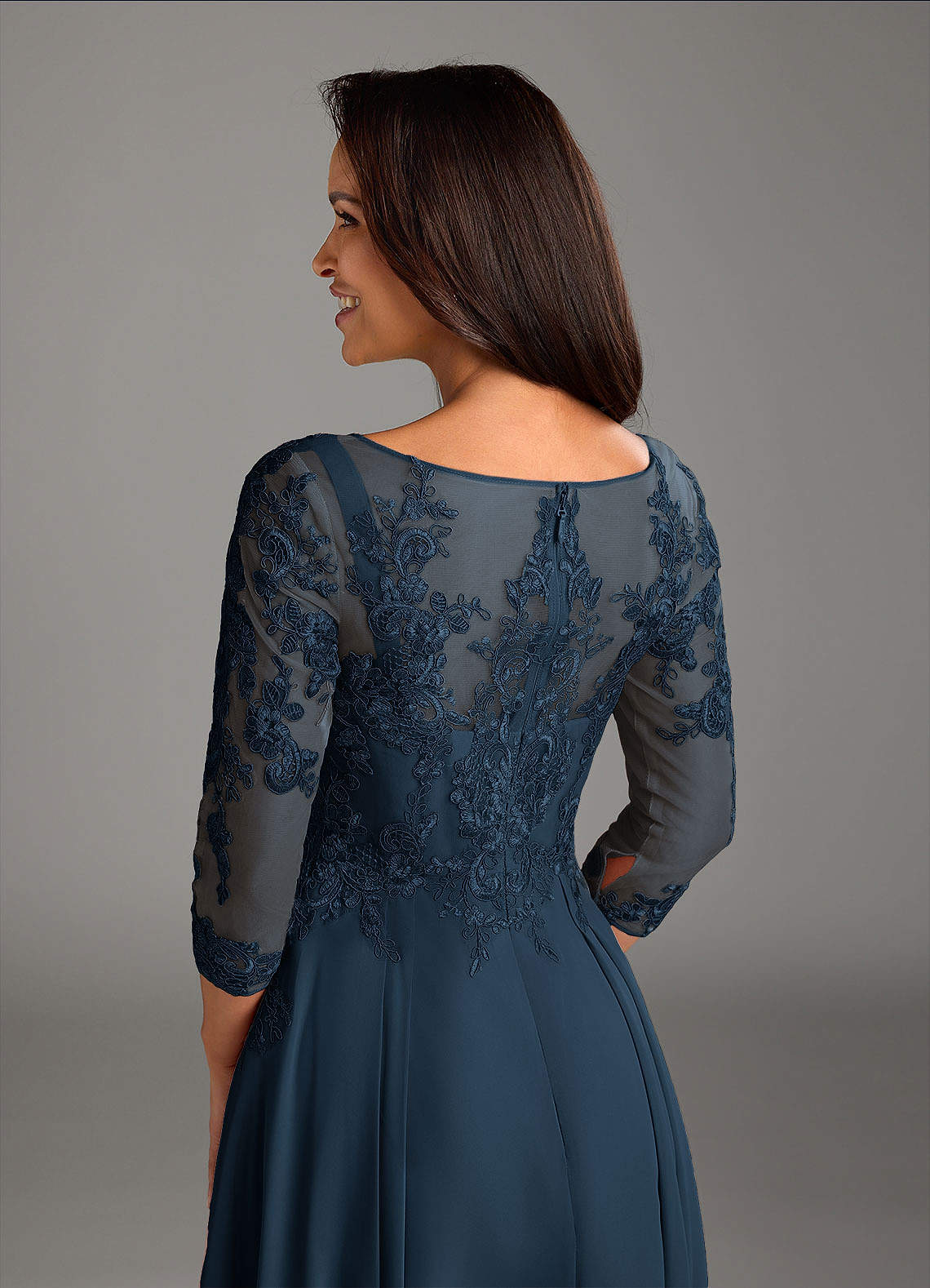 Marge A-Line Scoop-Neck Chiffon and Lace Mother of the Bride Dress in Dark Navy