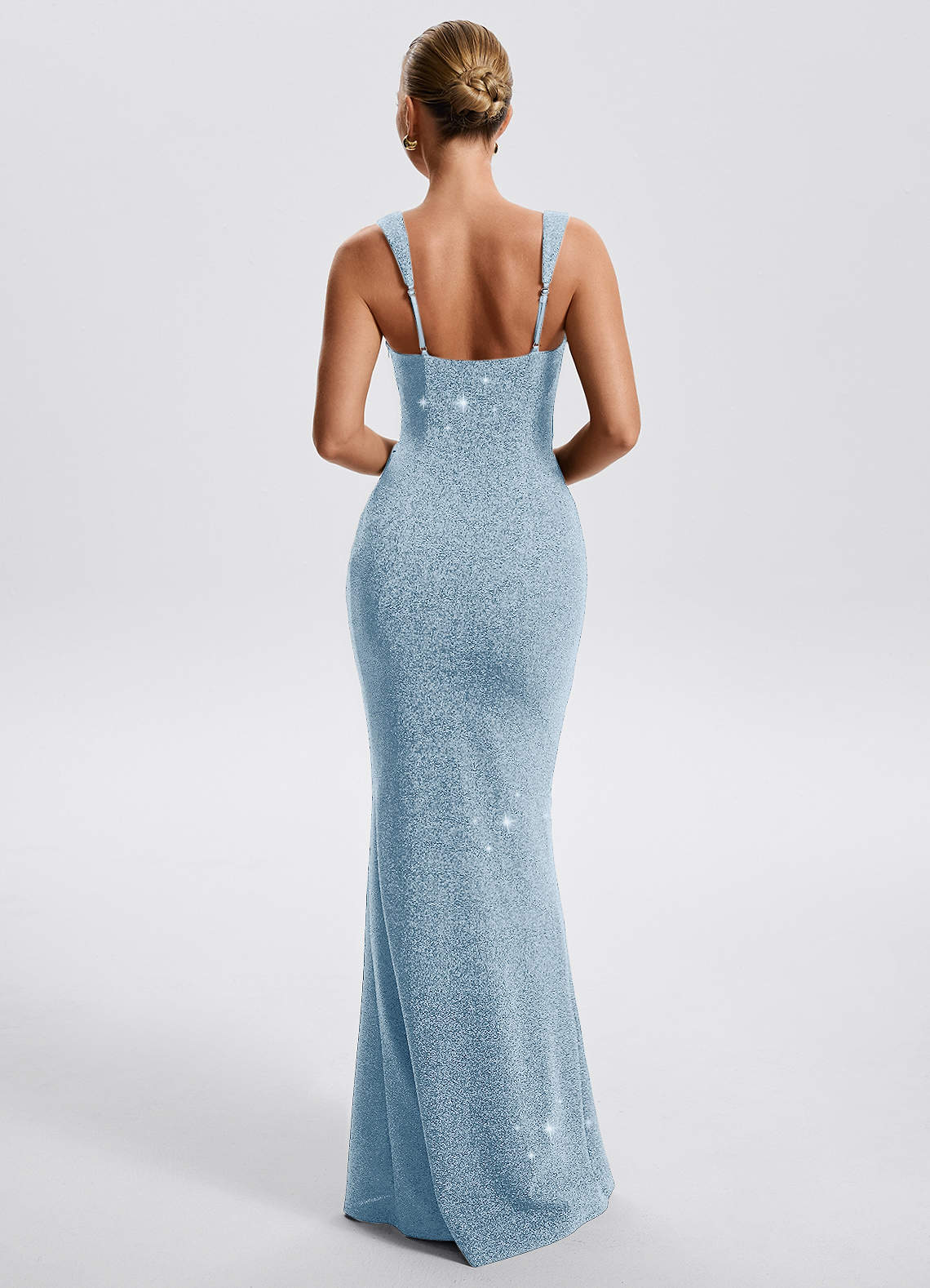 Eira Sheath Square-Neck Metallic Knit Evening Dress in Sky Blue