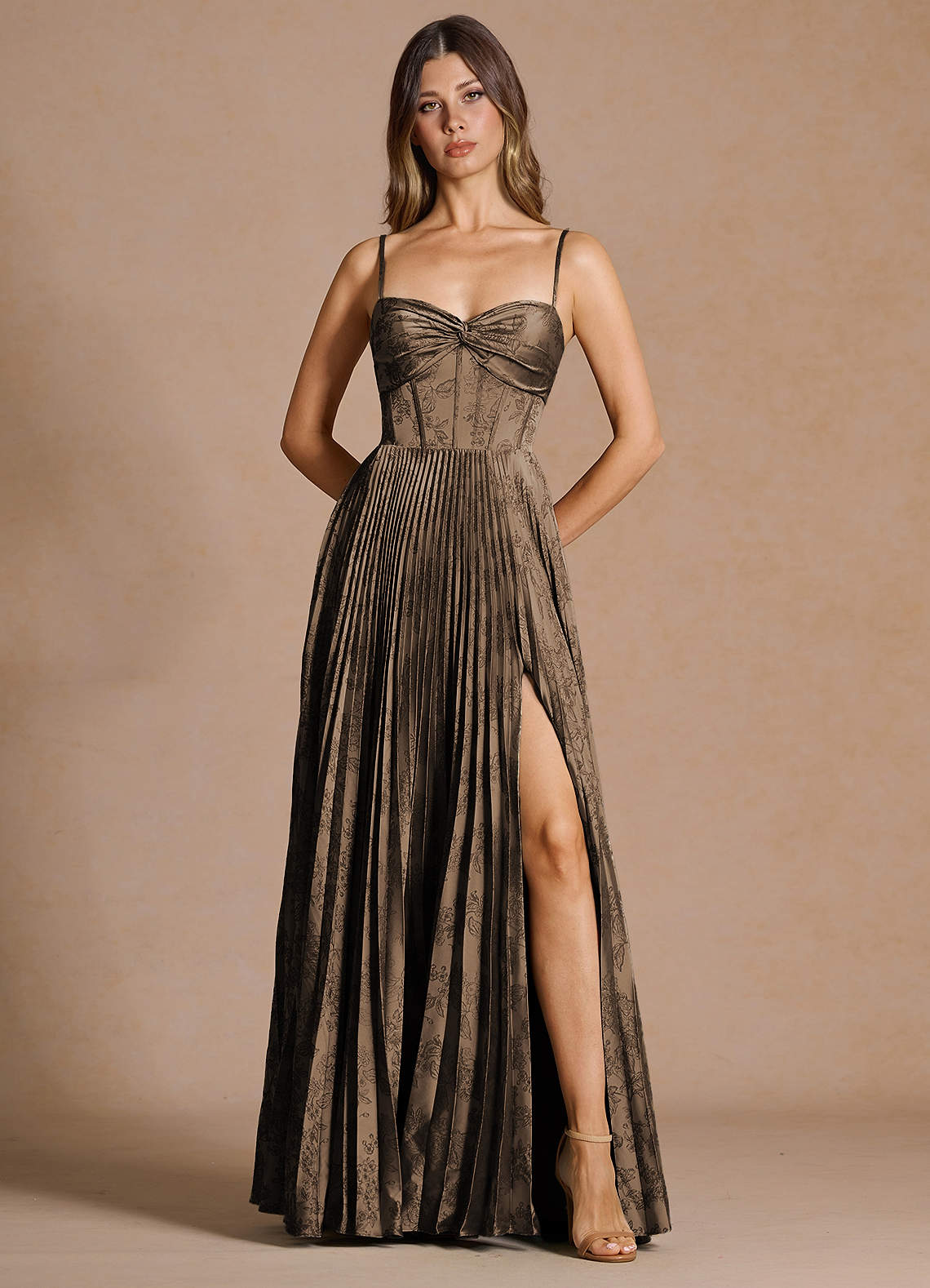 Vesper Pleated Knot-Neck Jacquard Wedding Guest Dress in Coffee Brown