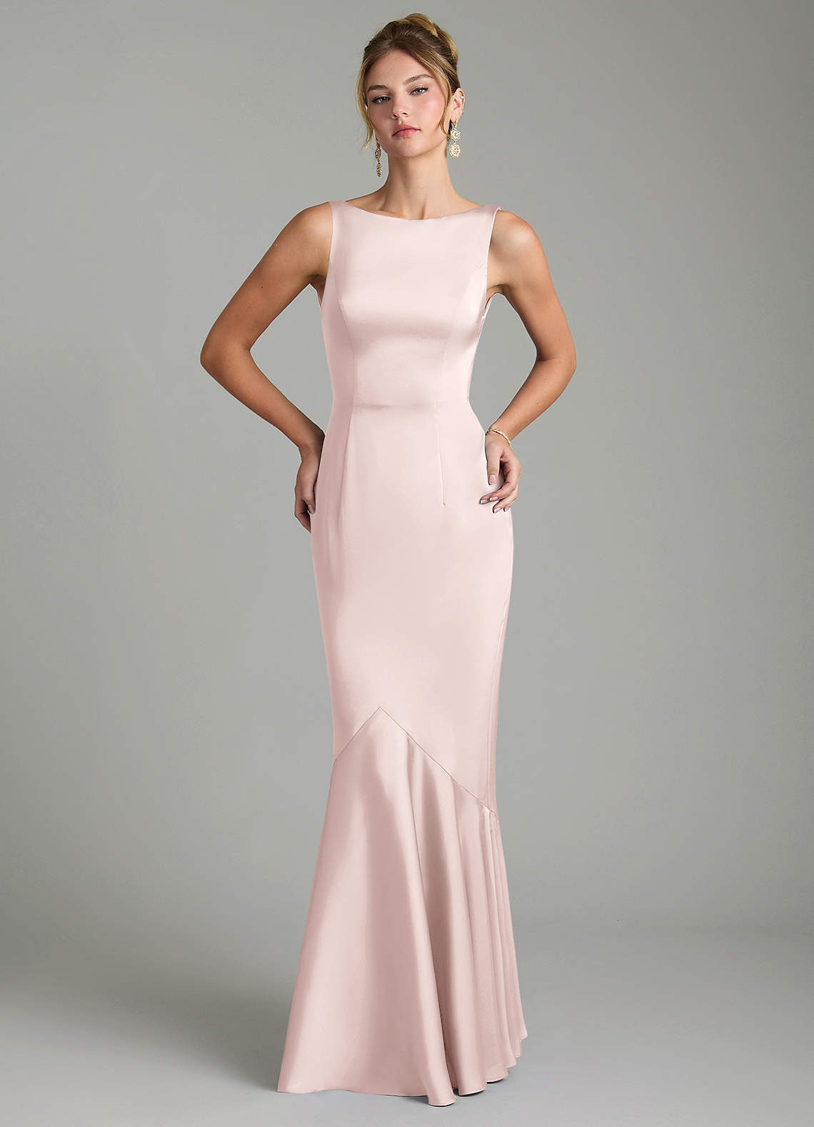 Tamera Mermaid Boat-Neck Stretch Satin and Chiffon Bridesmaid Dress in Blushing Pink