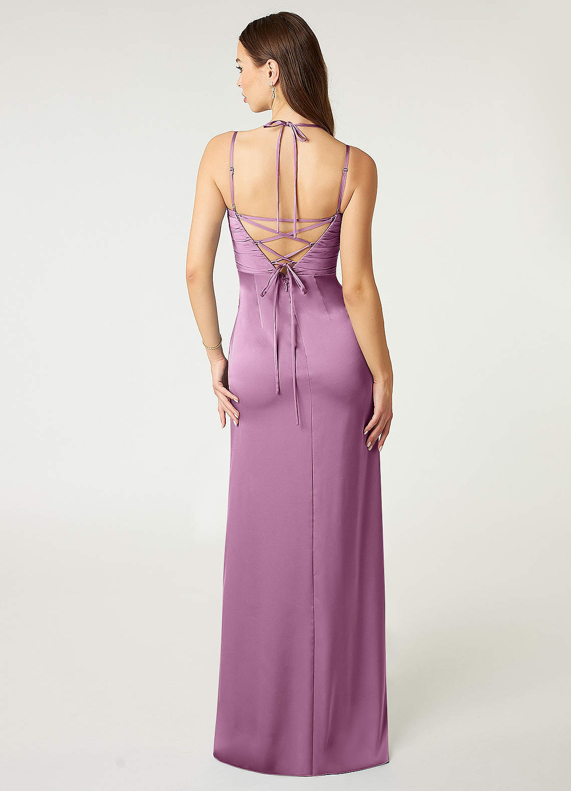 Desi Sheath Halter Stretch Satin Bridesmaid Dress in Wisteria