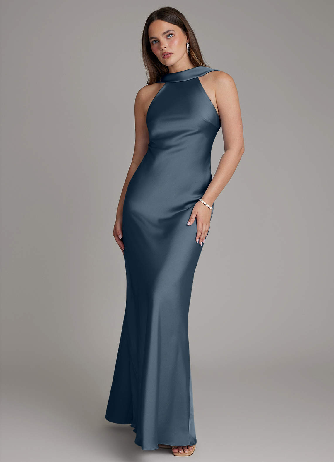 Dimitra Sheath Halter Stretch Satin Bridesmaid Dress in Twilight