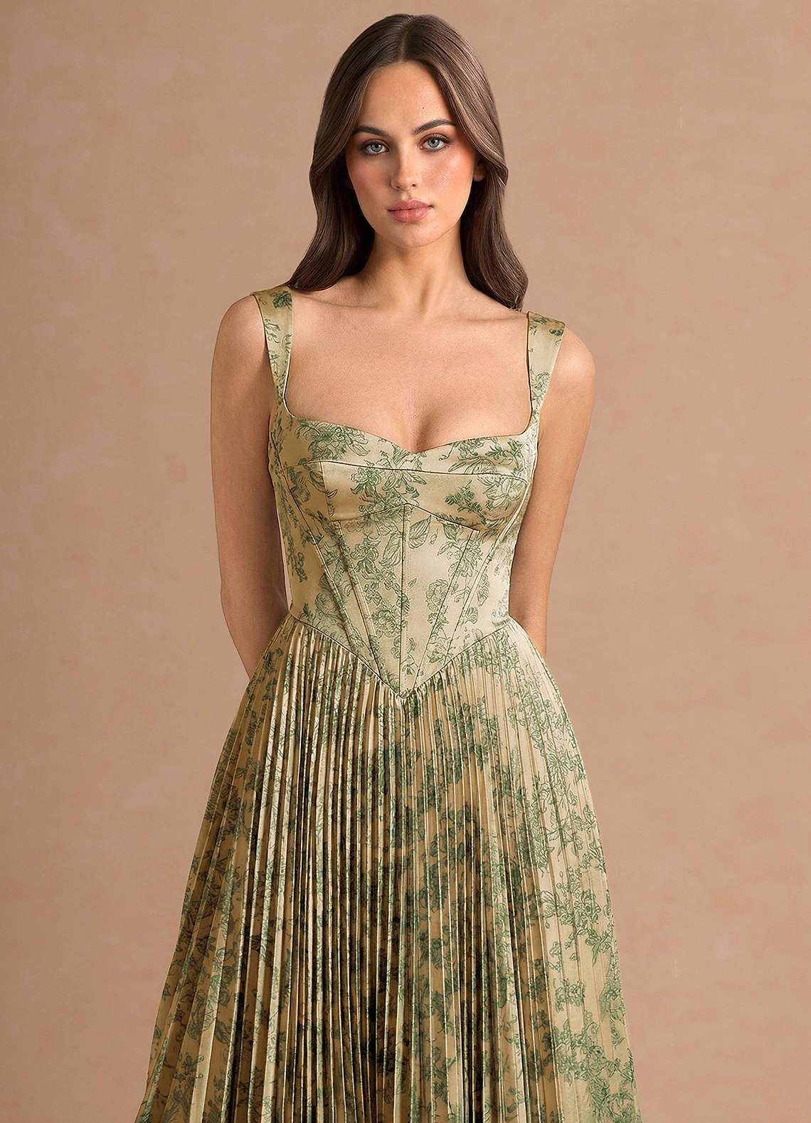 Isonelle A-Line Sweetheart Jacquard Wedding Guest Dress in Green Brown