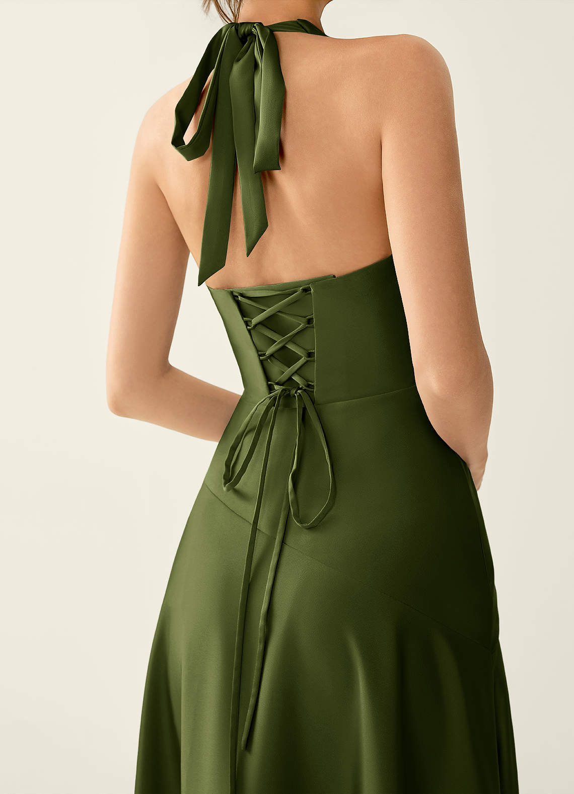 Titania Halter Asymmetric-Ruffle Satin Evening Dress in Olive
