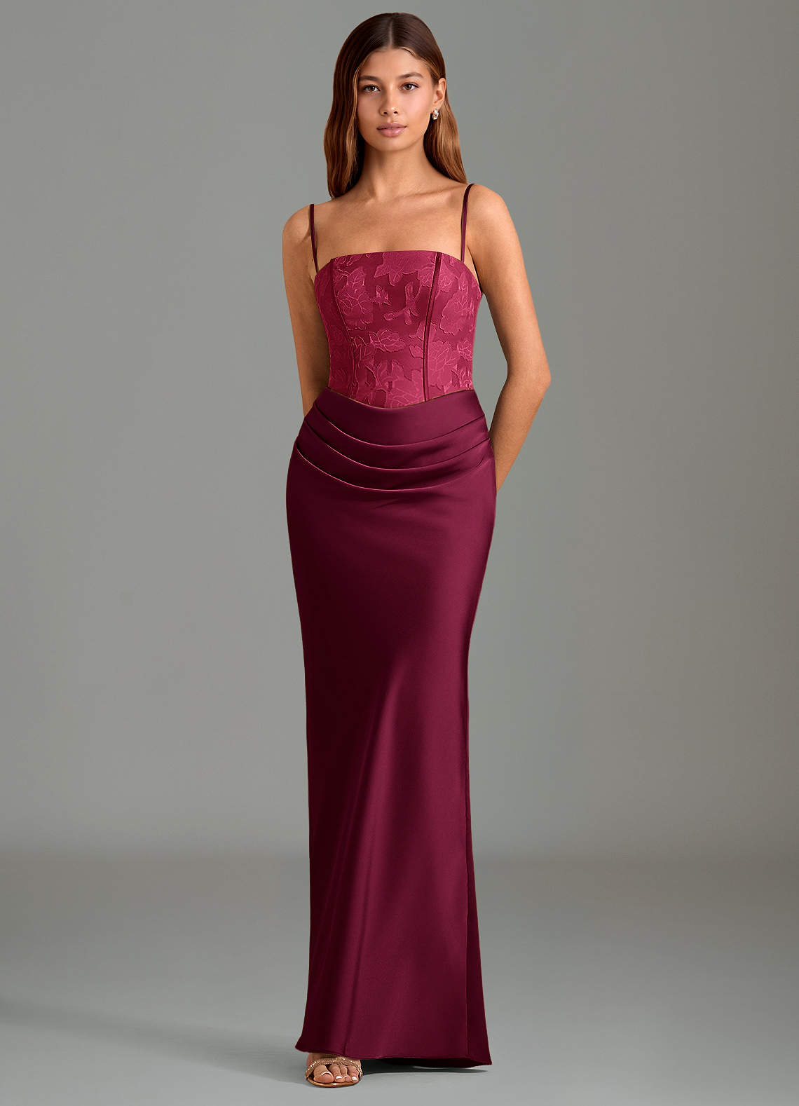 Emilia Mermaid Strapless Stretch Satin and Floral Burnout Bridesmaid Dress in Burgundy