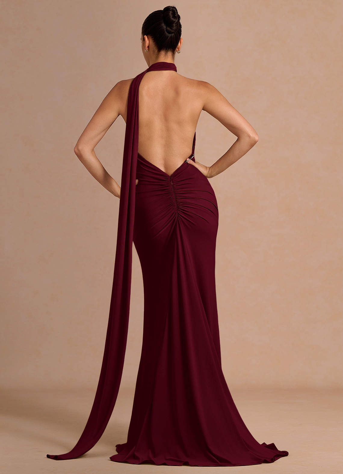 Miliani Sheath Neck-Tie Stretch Knit Evening Dress in Merlot