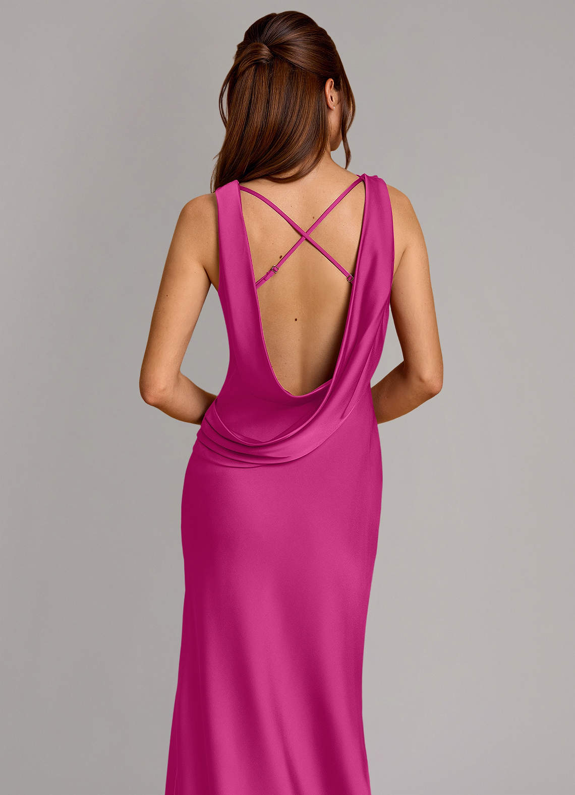 Cheryl Mermaid Cowl-Neck Stretch Satin Bridesmaid Dress in Fuchsia