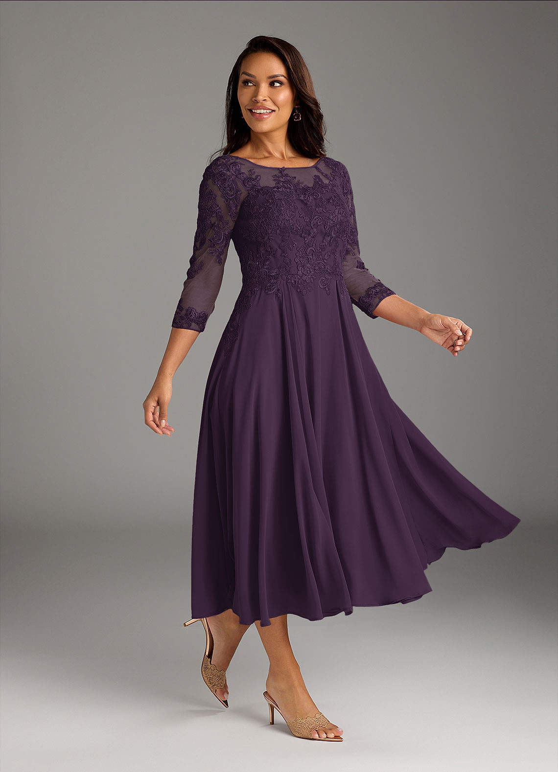 Marge A-Line Scoop-Neck Chiffon and Lace Mother of the Bride Dress in Plum