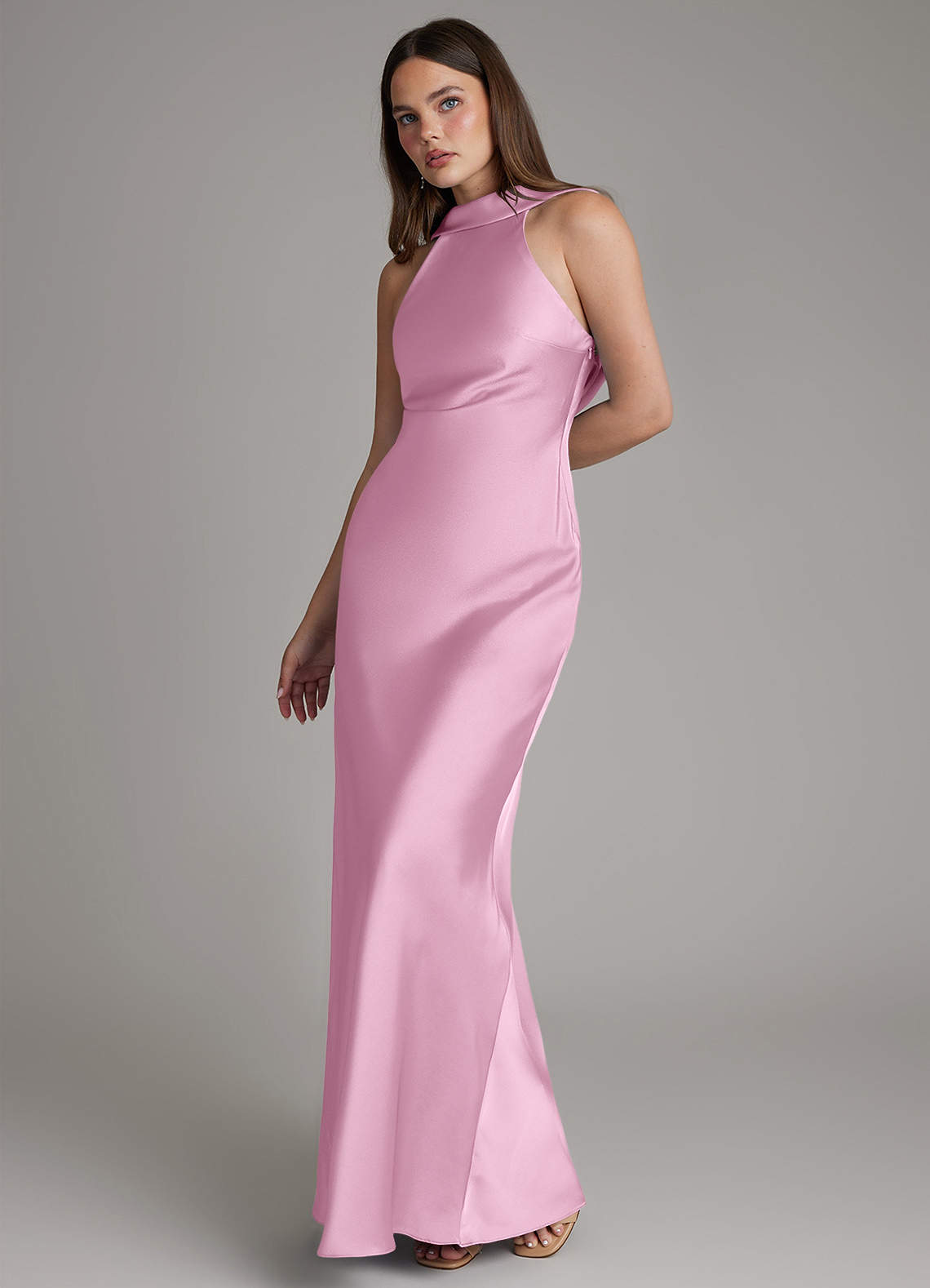 Dimitra Sheath Halter Stretch Satin Bridesmaid Dress in candy pink