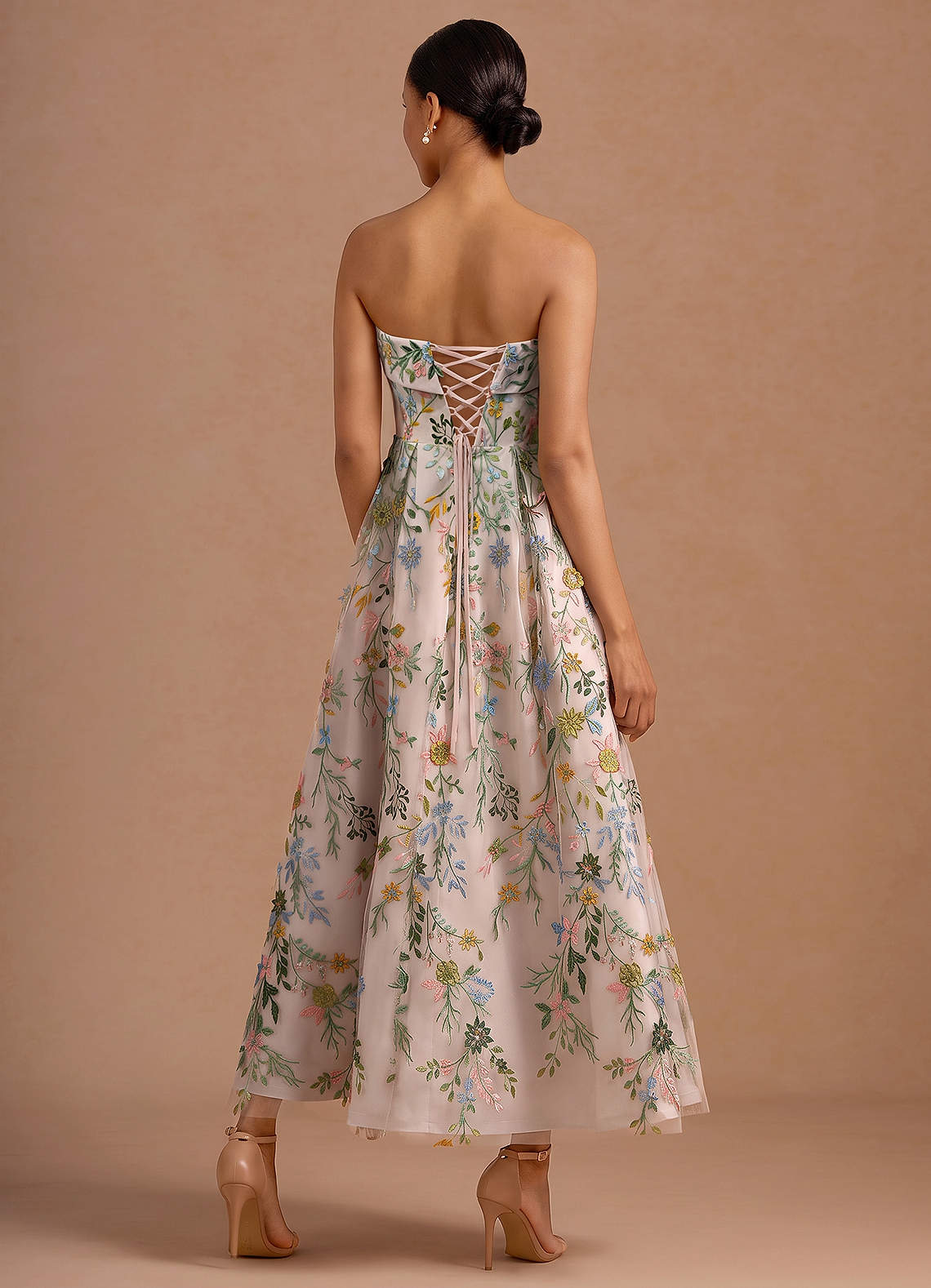 Evangeline Strapless Corset Floral Lace Evening Dress in Blush Pink Multi