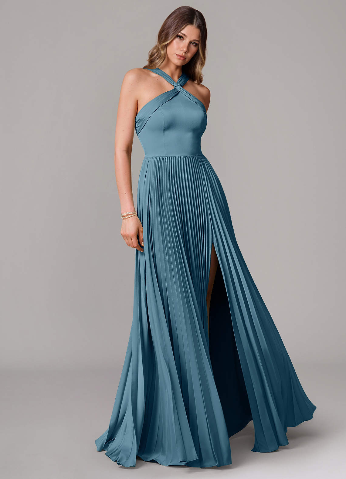 Afra A-Line Halter-Neck Stretch Satin Bridesmaid Dress in Bermuda