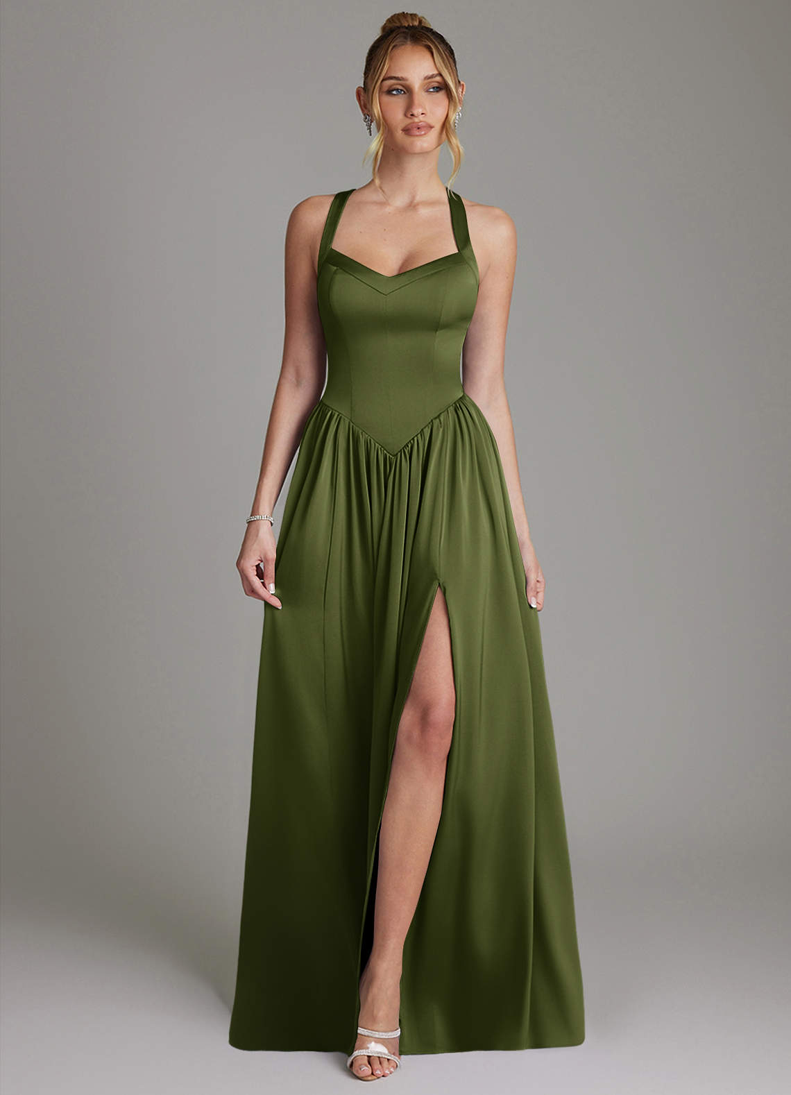 Francis A-Line V-Neck Stretch Satin Bridesmaid Dress in Olive