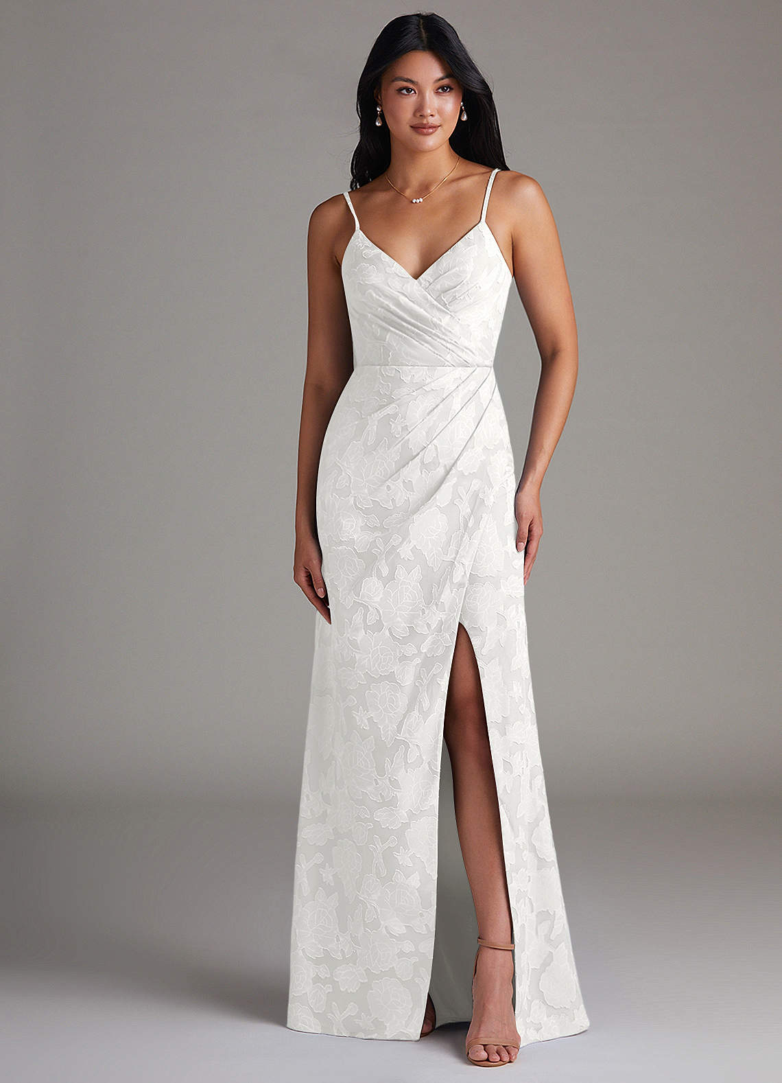 Maci Sheath V-Neck Floral Burnout Bridesmaid Dress in white